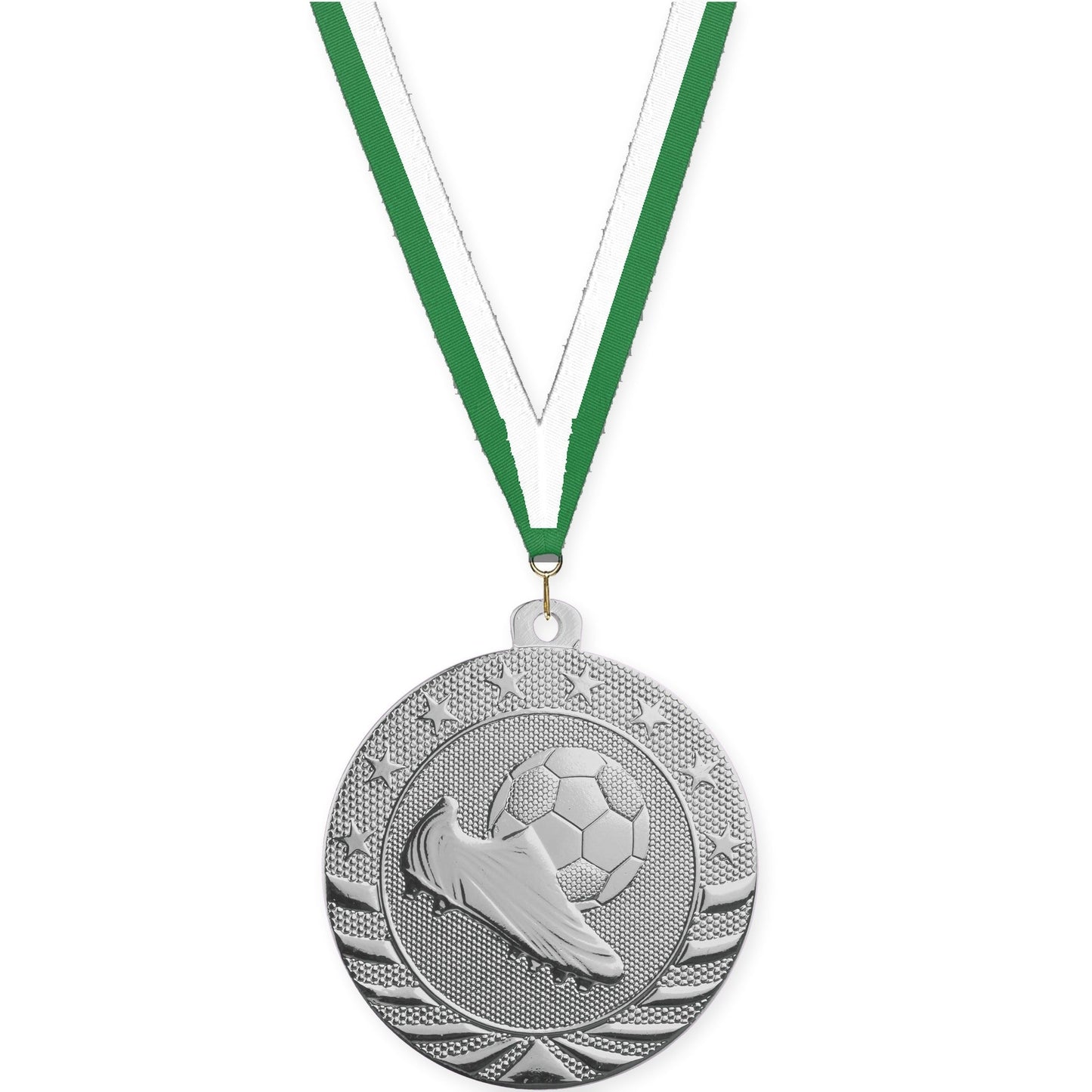 2 inch soccer Starbrite medal in bright silver with Green White neck ribbon