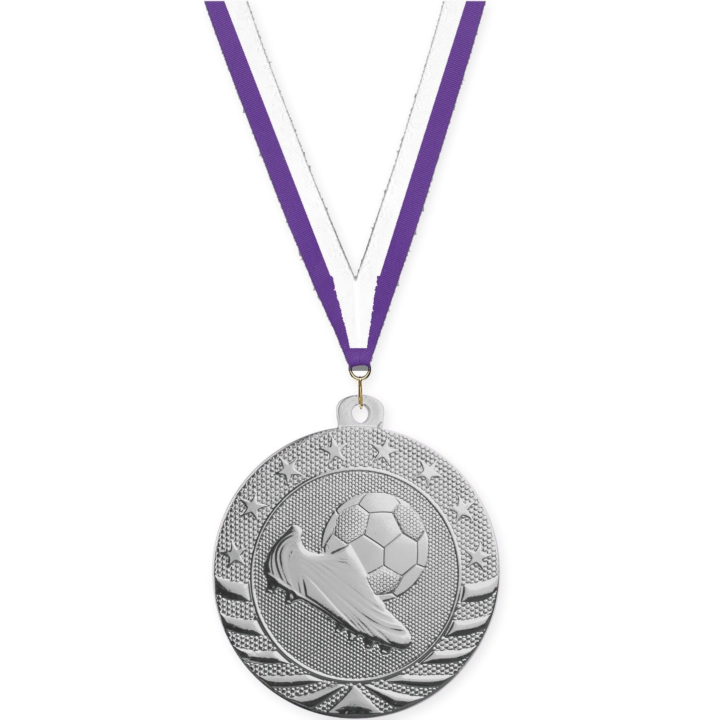 2 inch soccer Starbrite medal in bright silver with Purple White neck ribbon