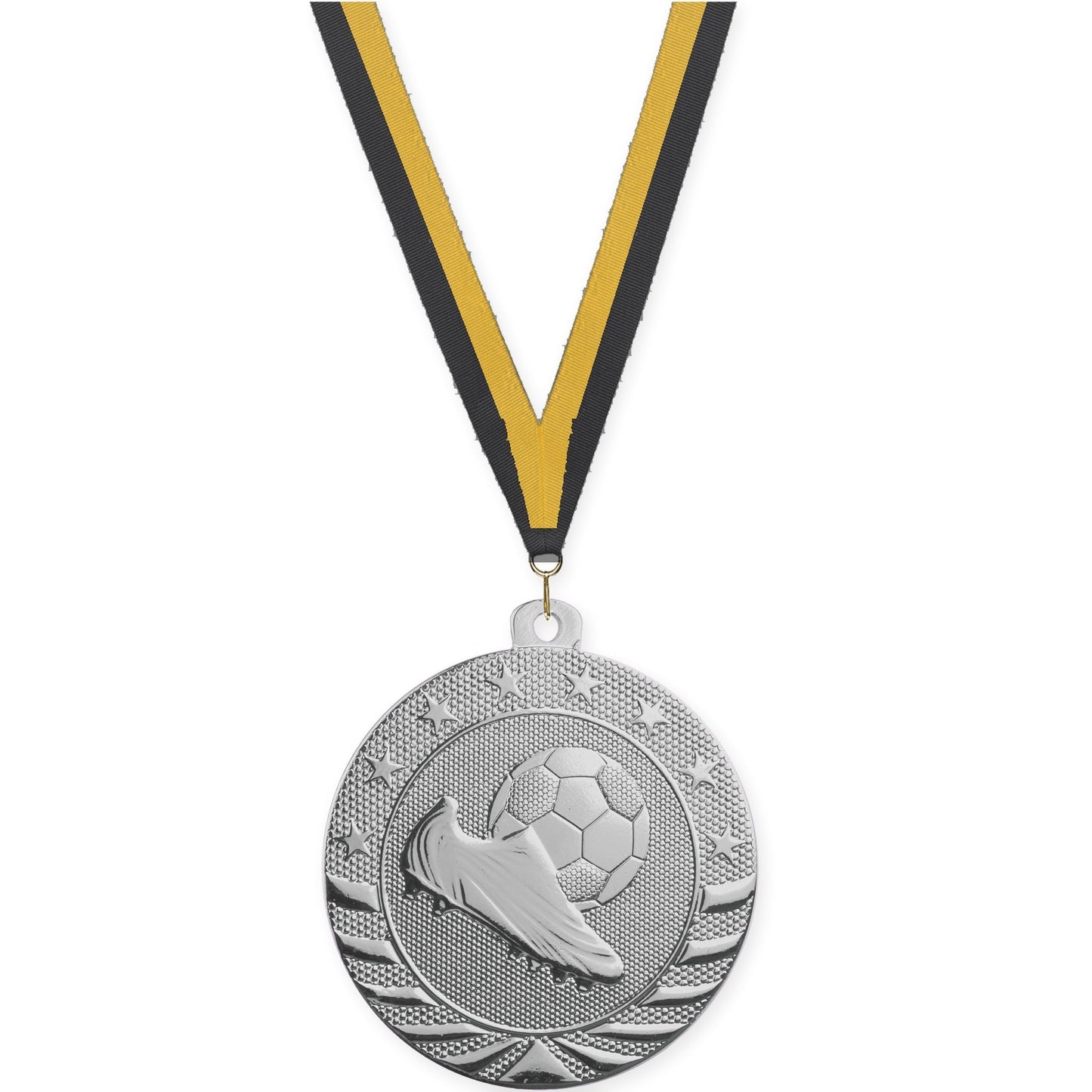 2 inch soccer Starbrite medal in bright silver with Black Gold neck ribbon