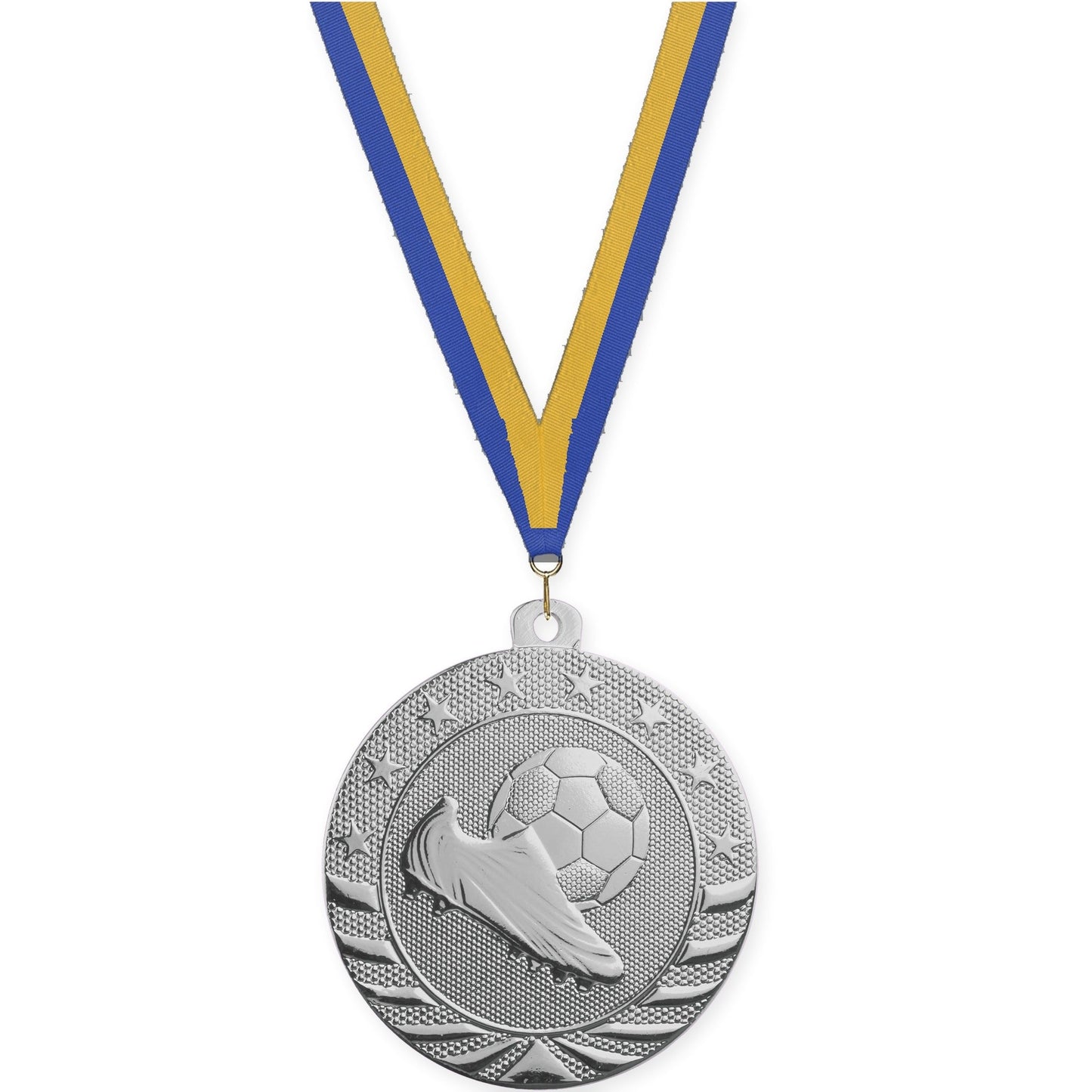 2 inch soccer Starbrite medal in bright silver with Blue Gold neck ribbon