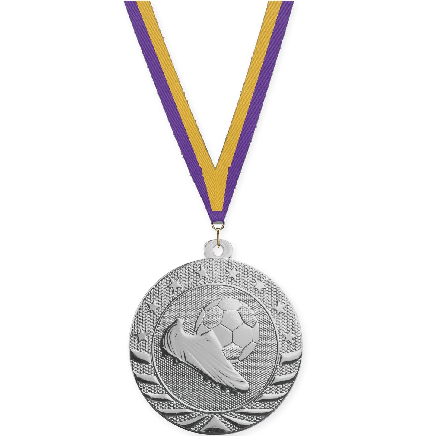 2 inch soccer Starbrite medal in bright silver with Purple Gold neck ribbon