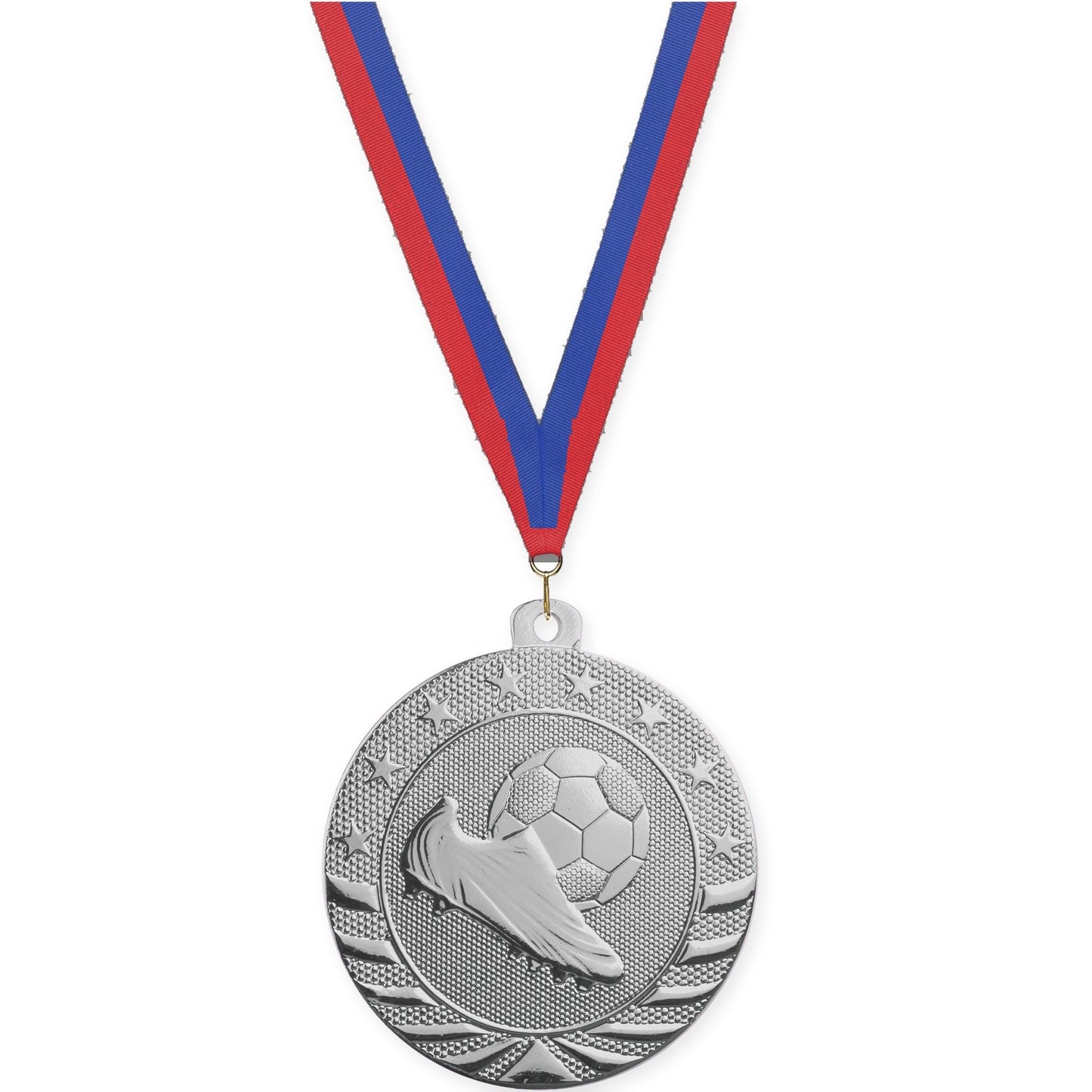 2 inch soccer Starbrite medal in bright silver with Blue Red neck ribbon