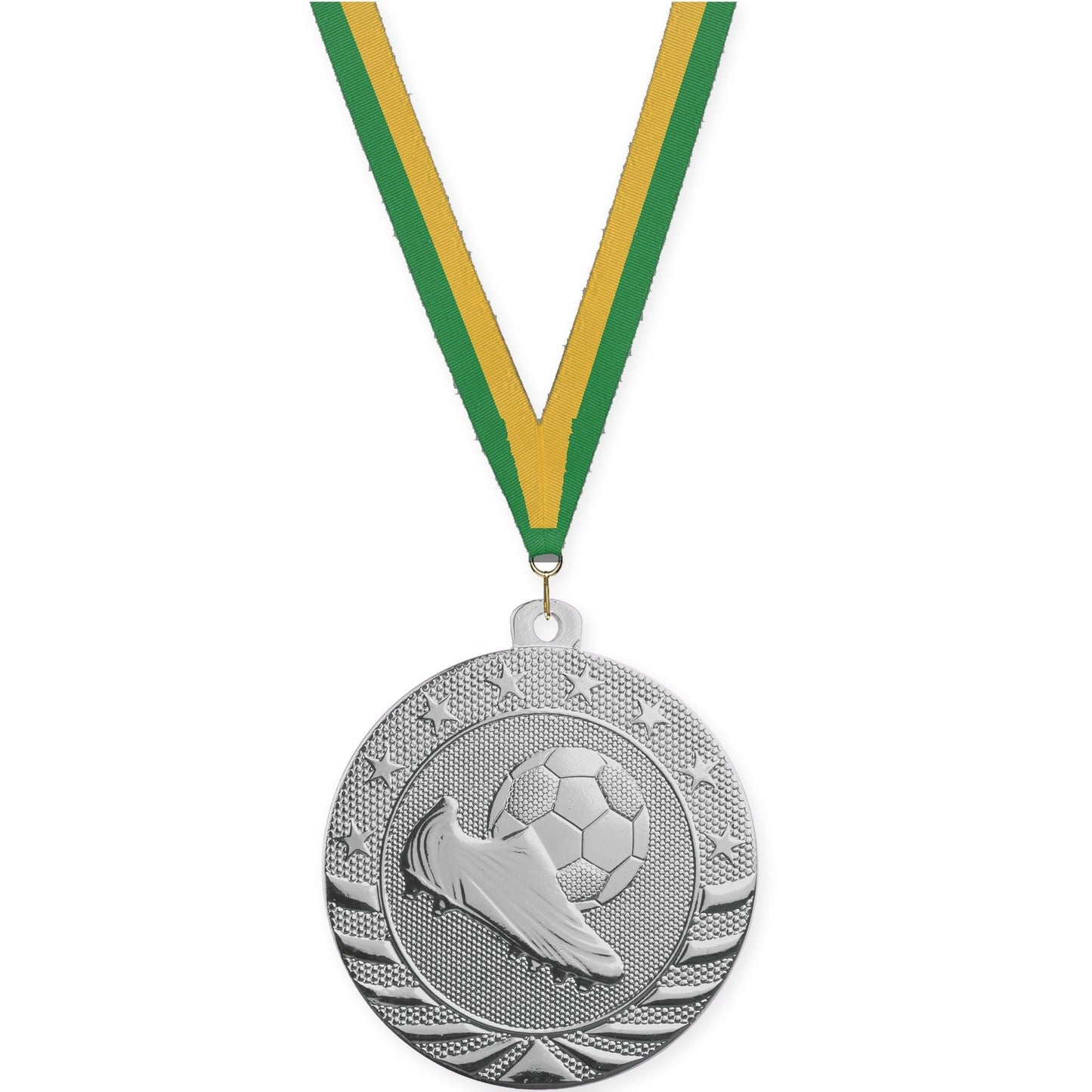 2 inch soccer Starbrite medal in bright silver with Green Gold neck ribbon