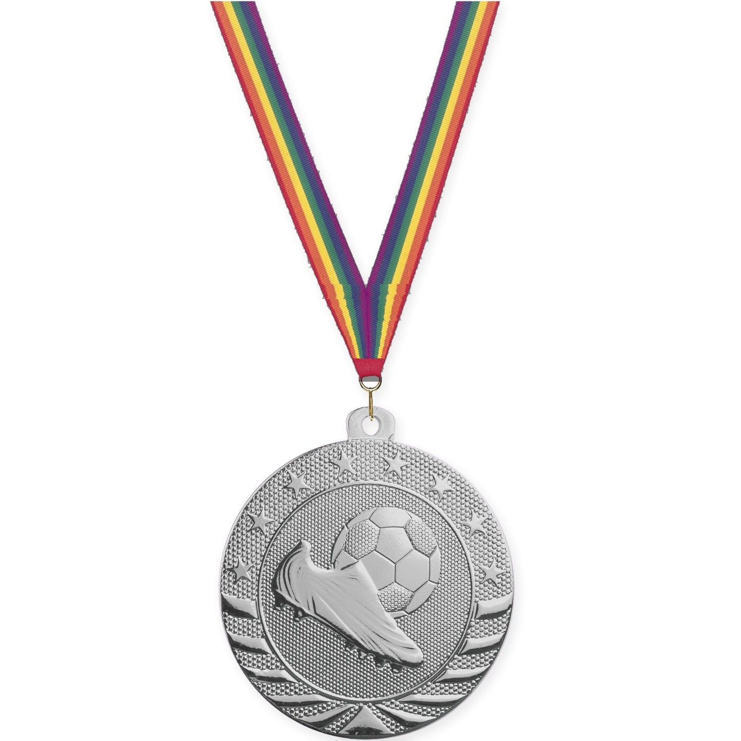 2 inch soccer Starbrite medal in bright silver with Rainbow neck ribbon