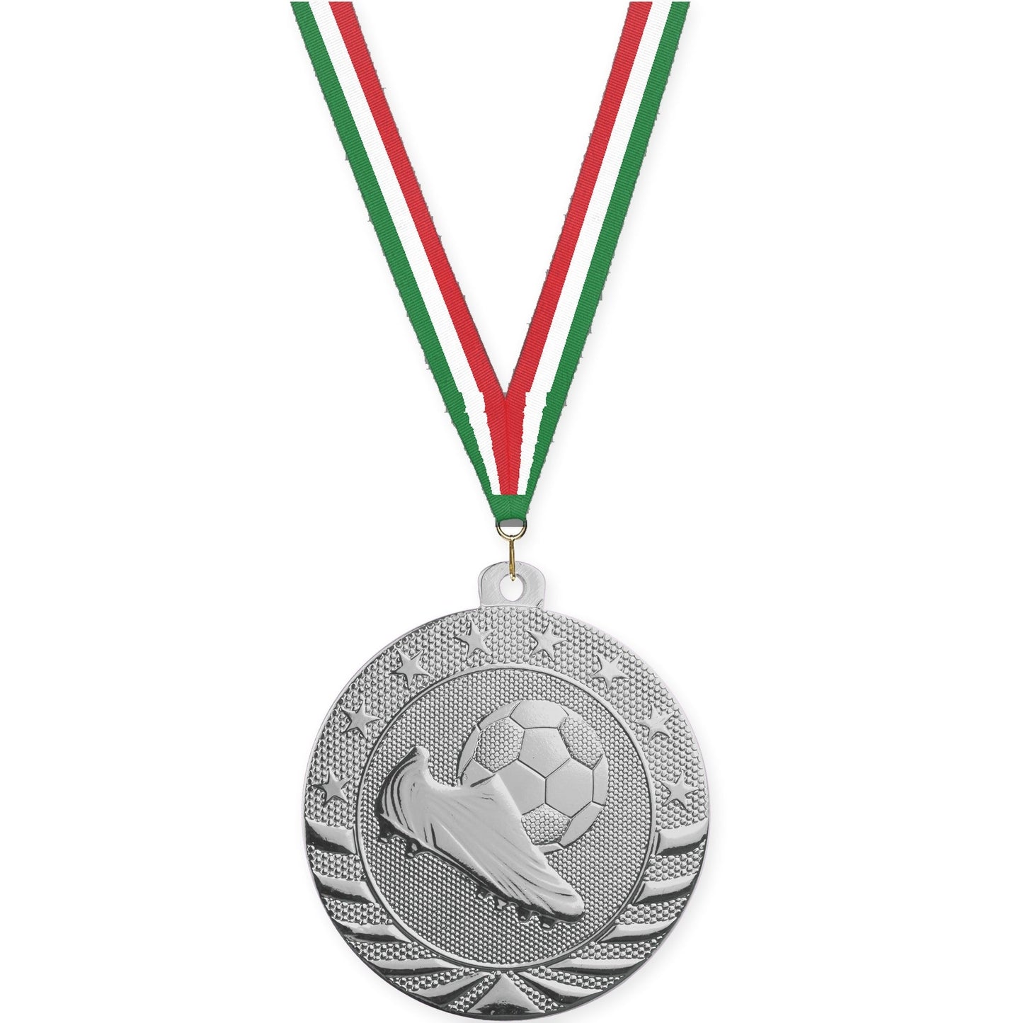 2 inch soccer Starbrite medal in bright silver with Green White Red neck ribbon