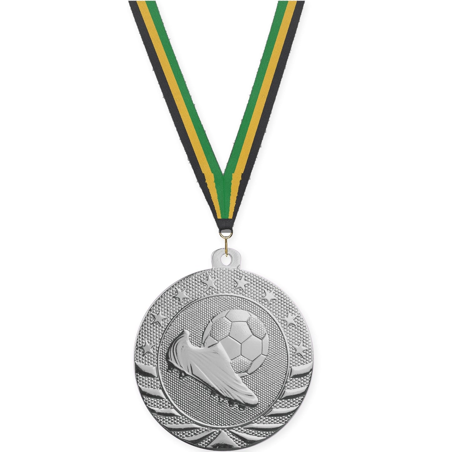 2 3/4 inch soccer Starbrite medal in bright silver with Black Gold Green neck ribbon