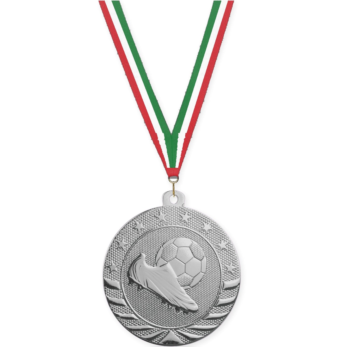 2 inch soccer Starbrite medal in bright silver with Red White Green neck ribbon