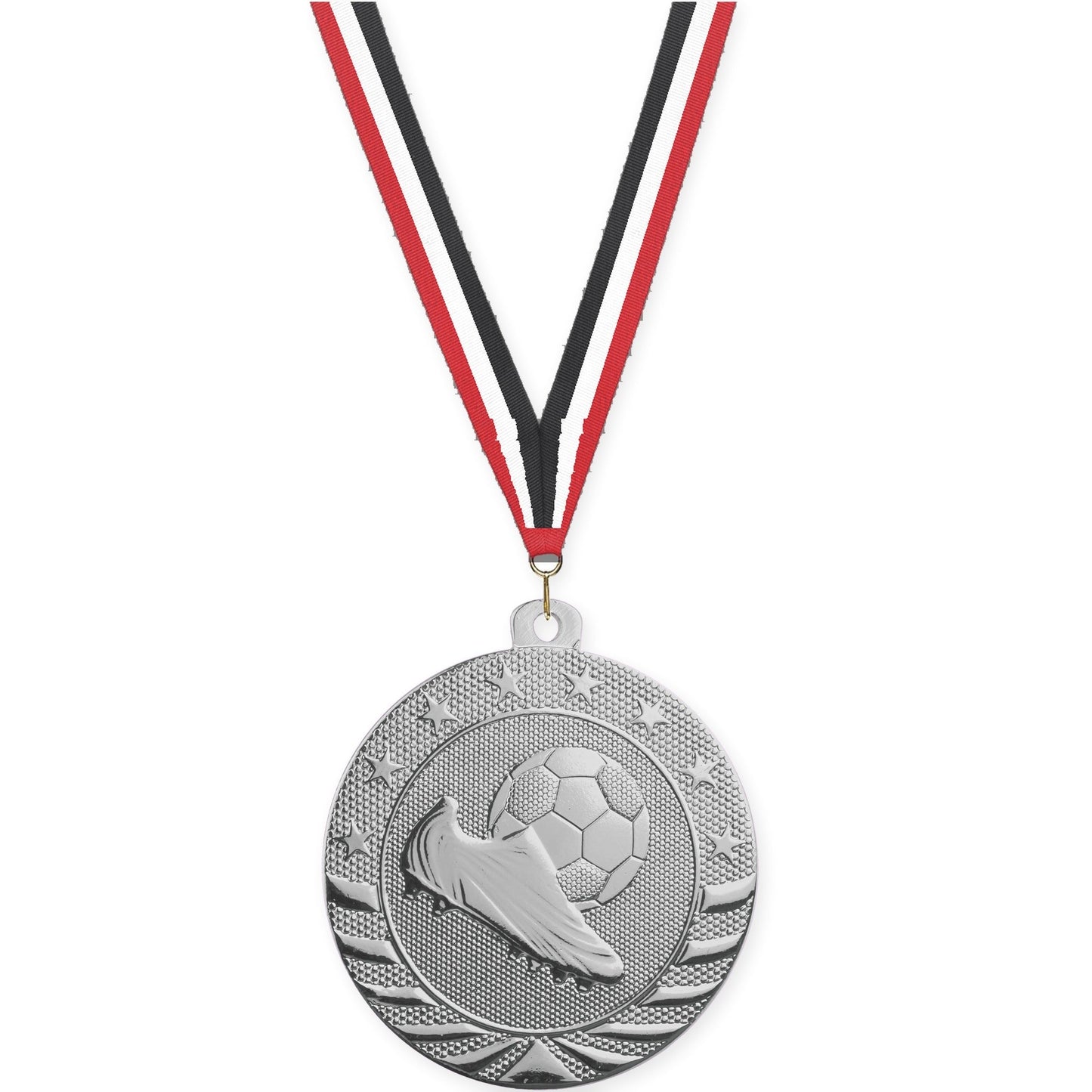 2 inch soccer Starbrite medal in bright silver with Red White Black neck ribbon