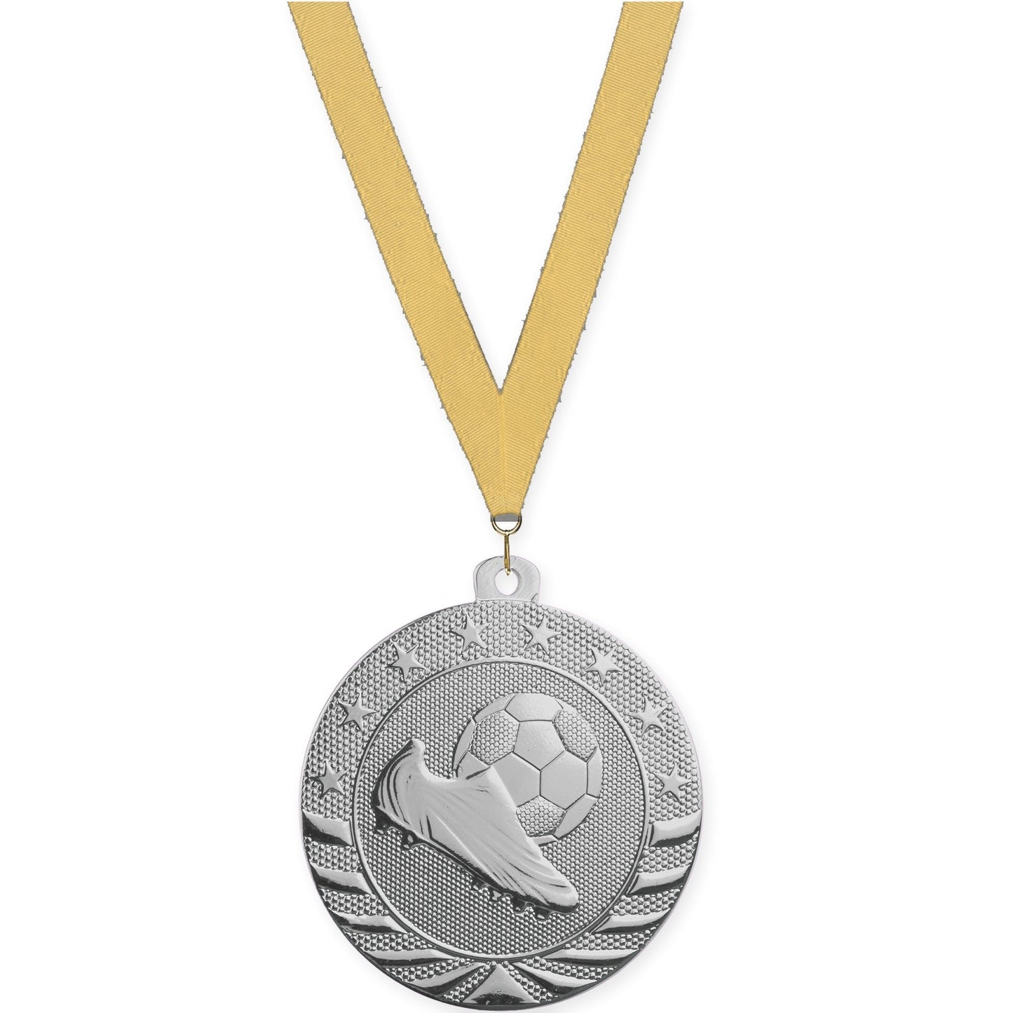 2 inch soccer Starbrite medal in bright silver with Gold Metallic neck ribbon