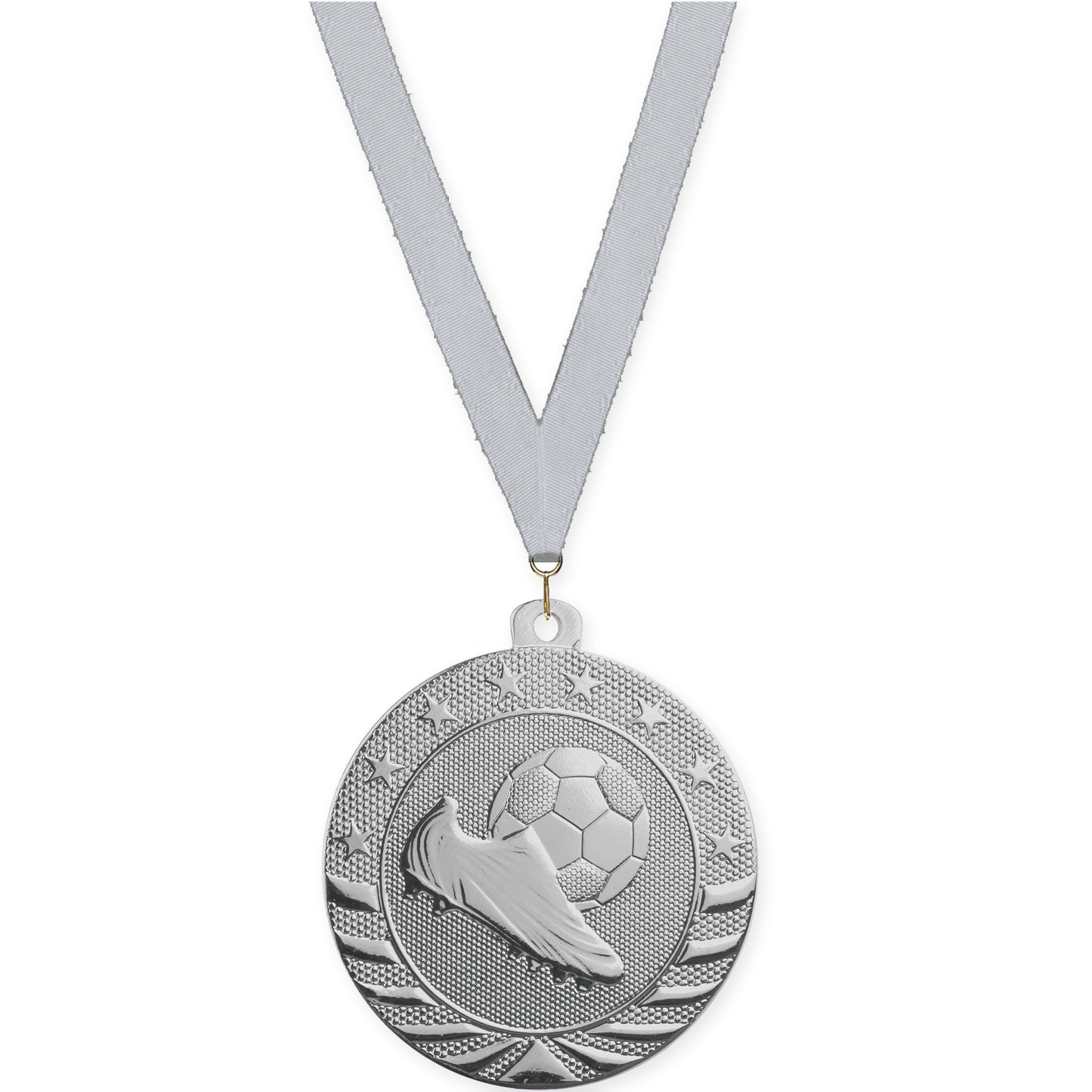 2 inch soccer Starbrite medal in bright silver with Silver Metallic neck ribbon