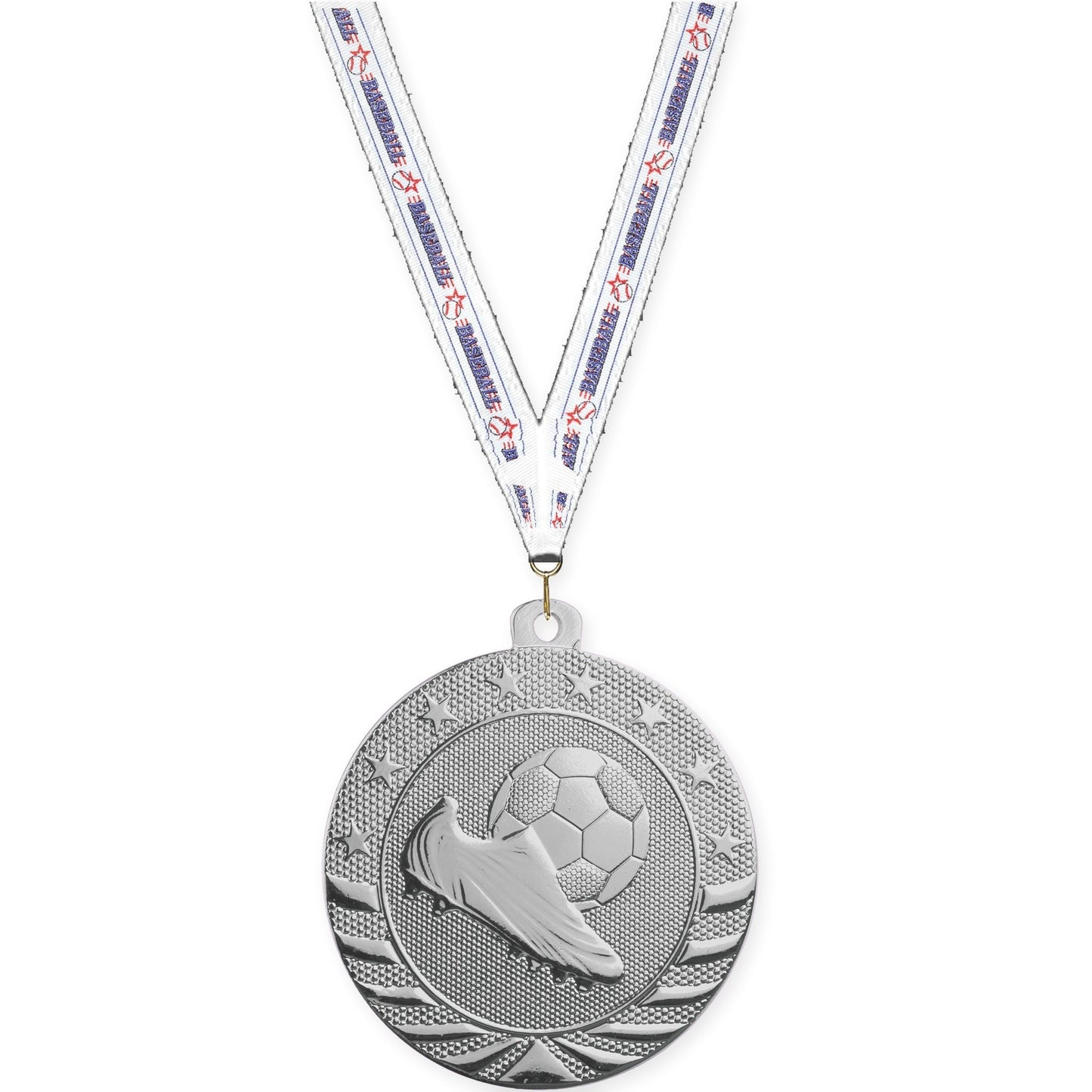 2 inch soccer Starbrite medal in bright silver with Baseball neck ribbon