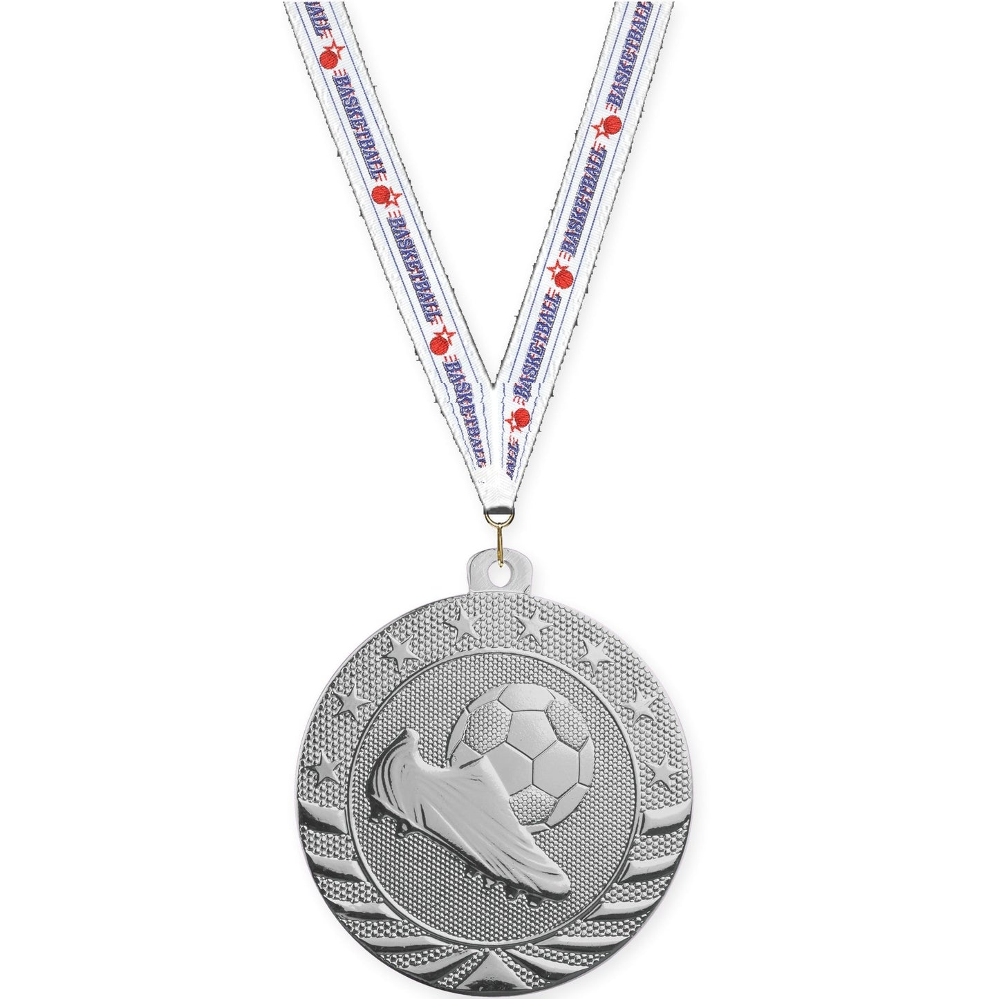 2 inch soccer Starbrite medal in bright silver with Basketball neck ribbon