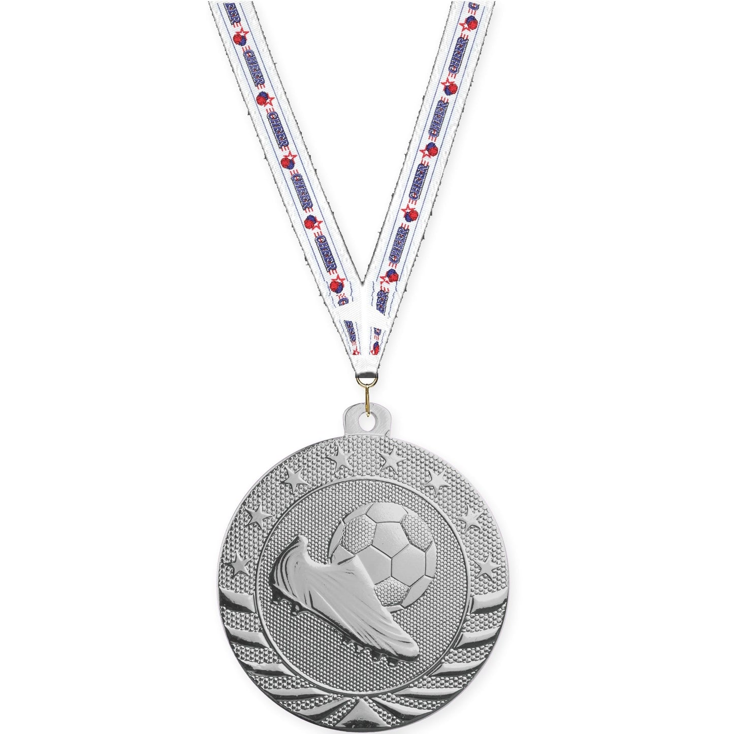 2 inch soccer Starbrite medal in bright silver with Cheerleading neck ribbon