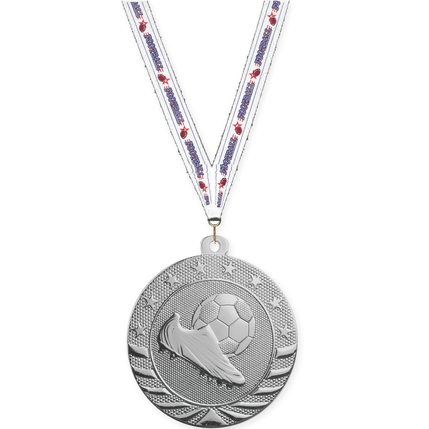 2 inch soccer Starbrite medal in bright silver with Football neck ribbon