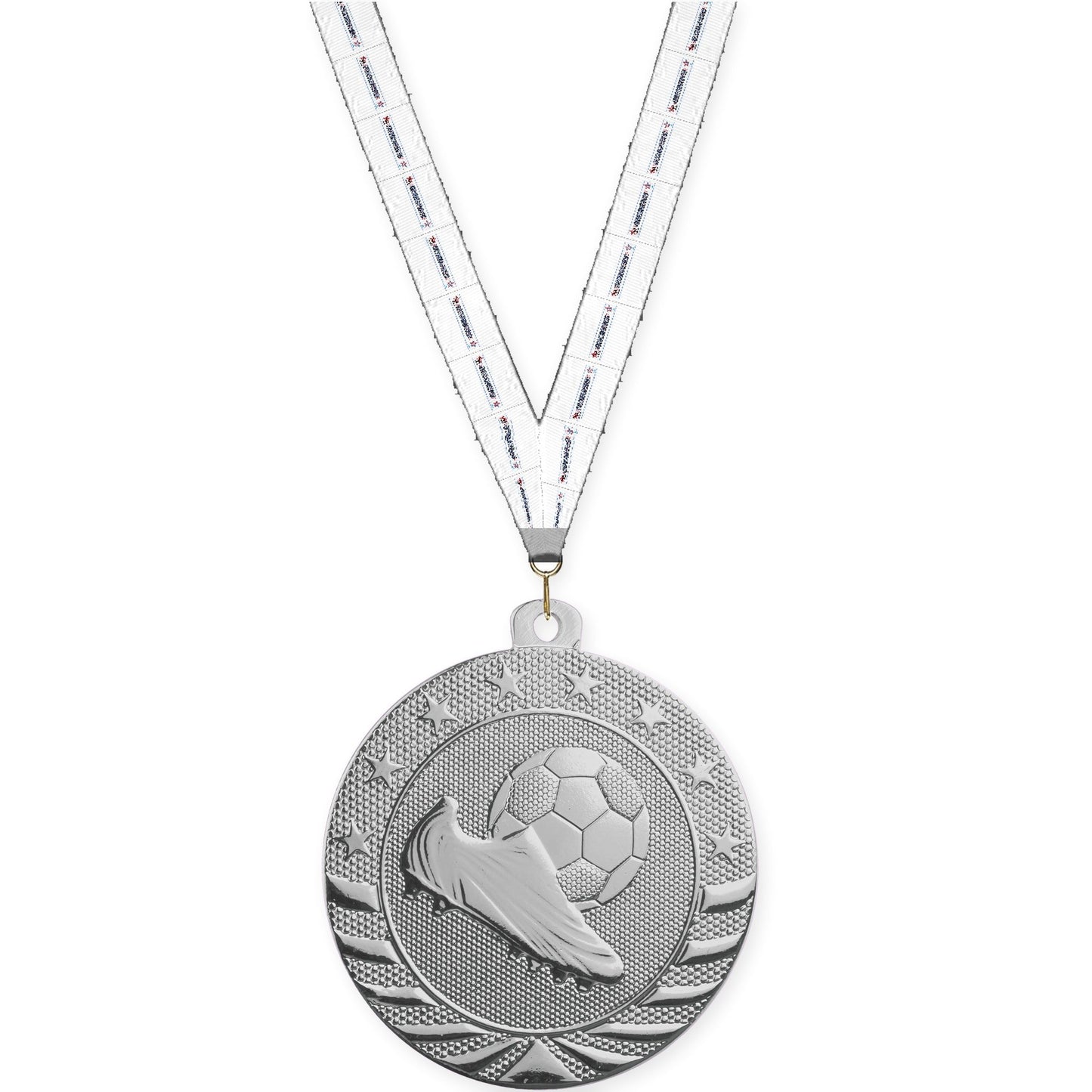 2 3/4 inch soccer Starbrite medal in bright silver with Gymnastics neck ribbon