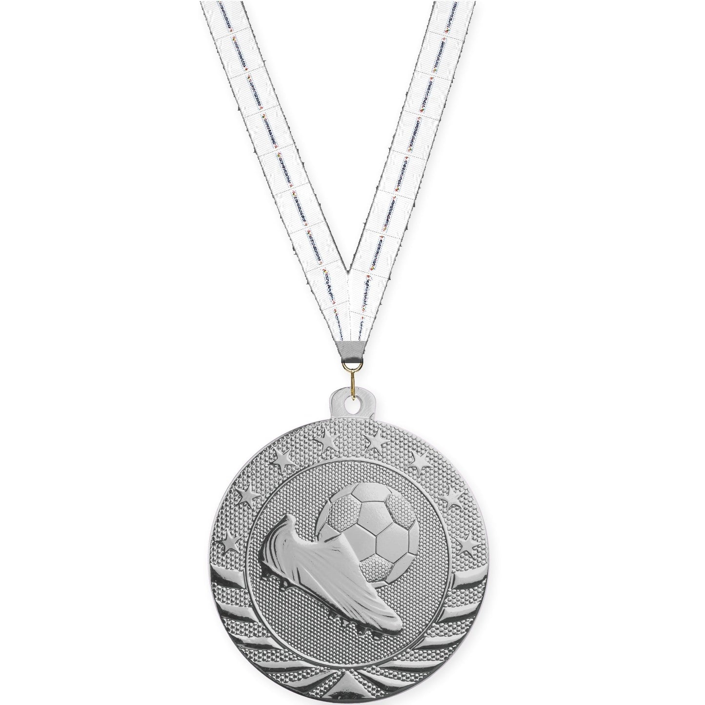 2 inch soccer Starbrite medal in bright silver with Lamp Of Knowledge neck ribbon