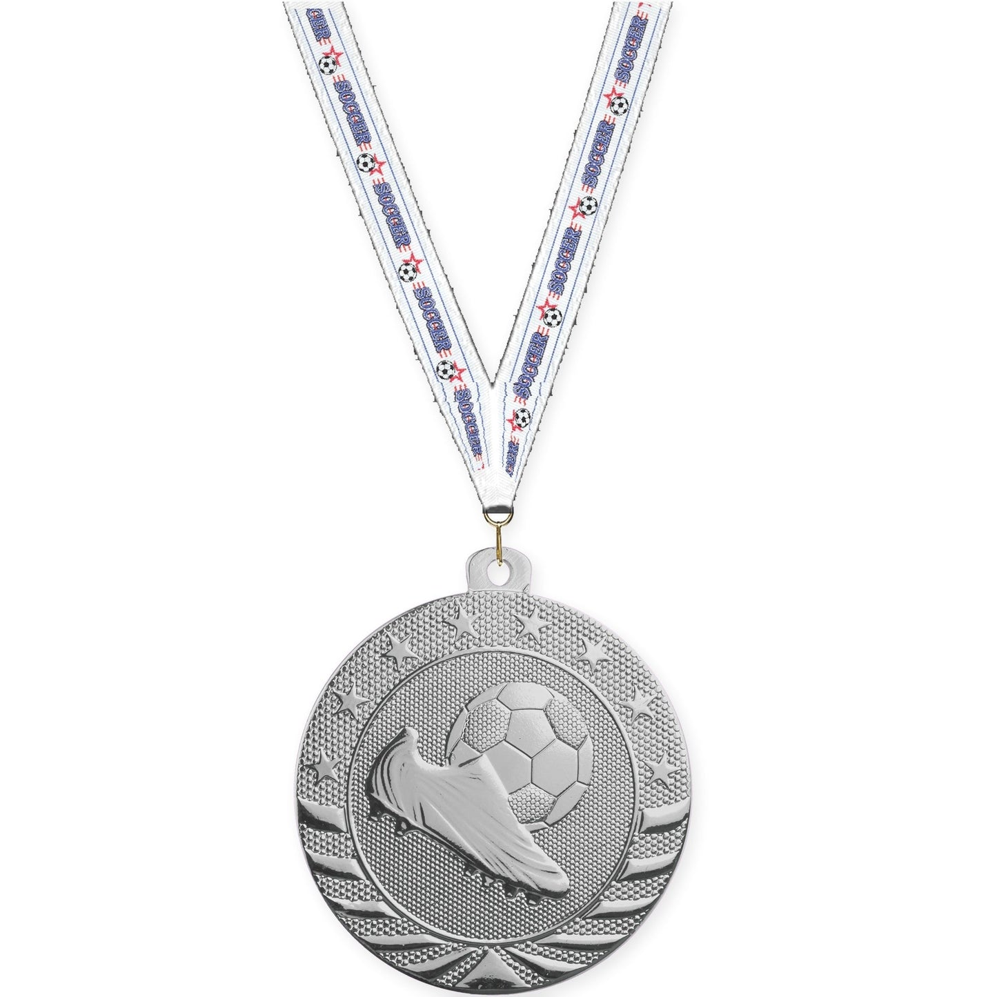 2 inch soccer Starbrite medal in bright silver with Soccer neck ribbon