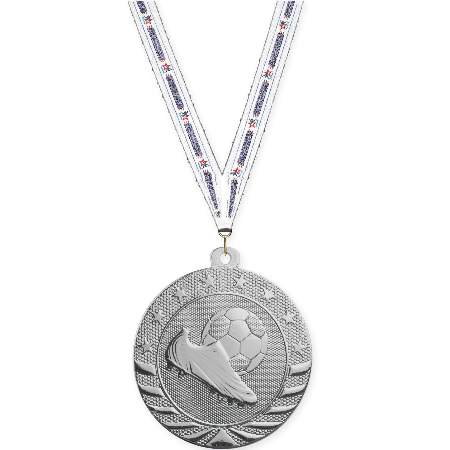 2 inch soccer Starbrite medal in bright silver with Swimming neck ribbon