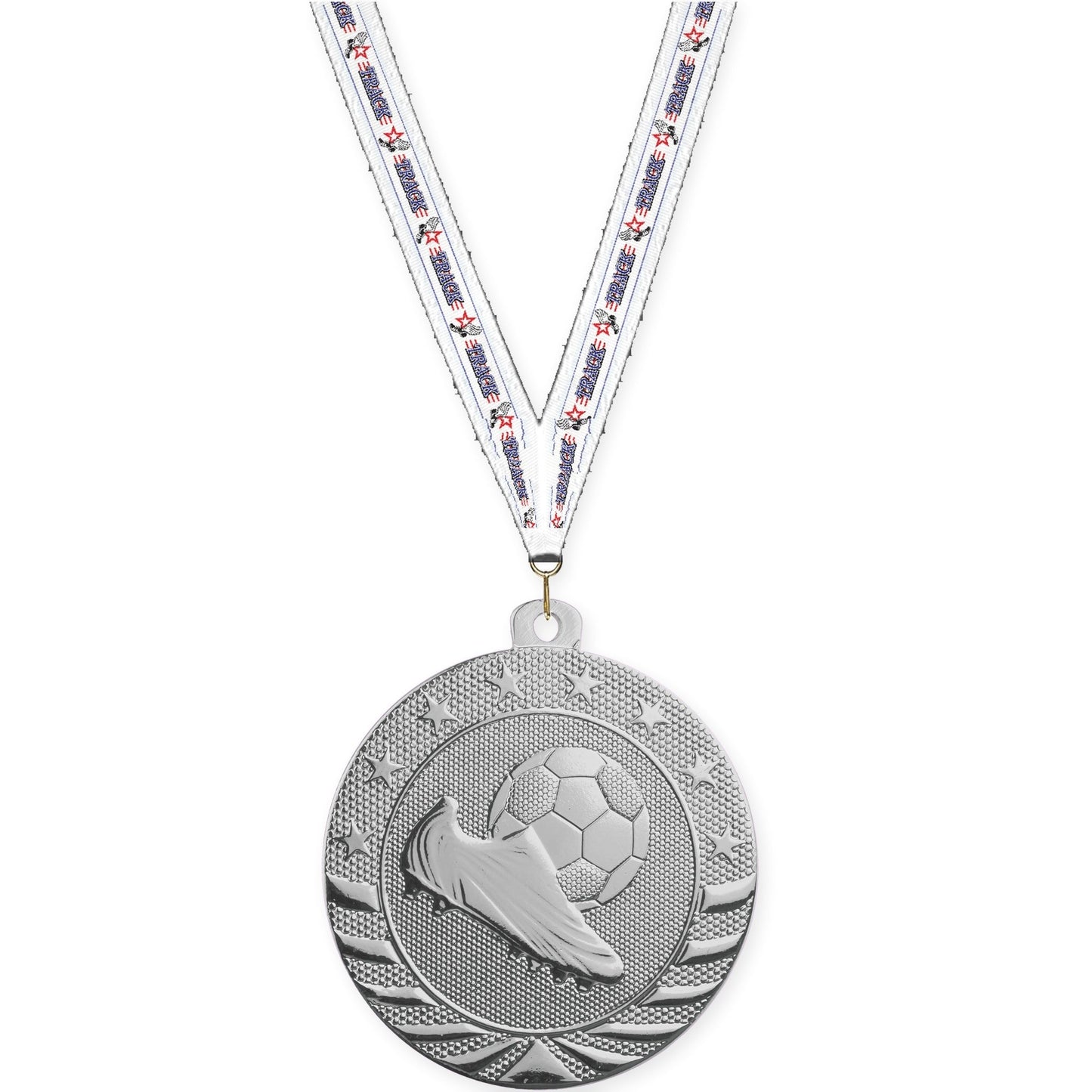 2 inch soccer Starbrite medal in bright silver with Track neck ribbon