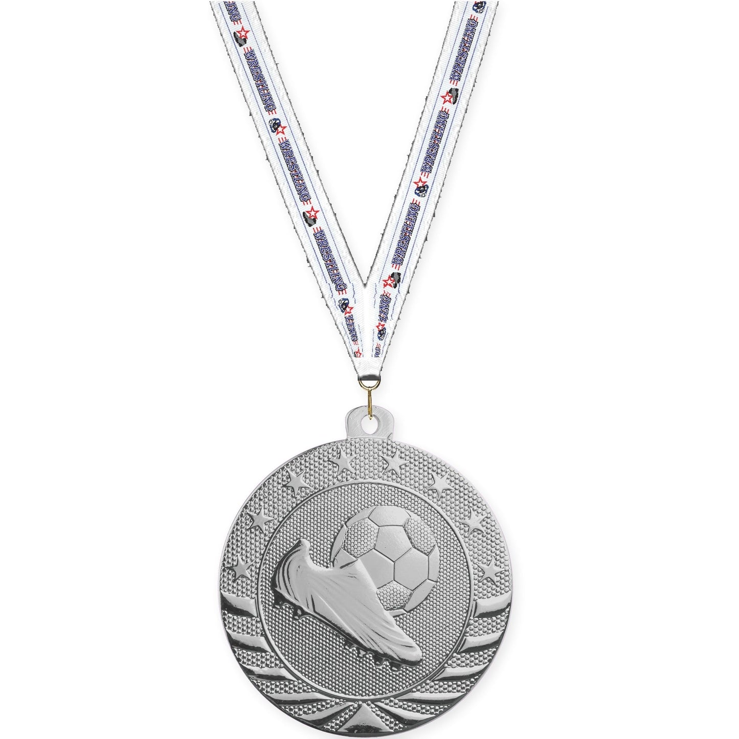 2 inch soccer Starbrite medal in bright silver with Wrestling neck ribbon