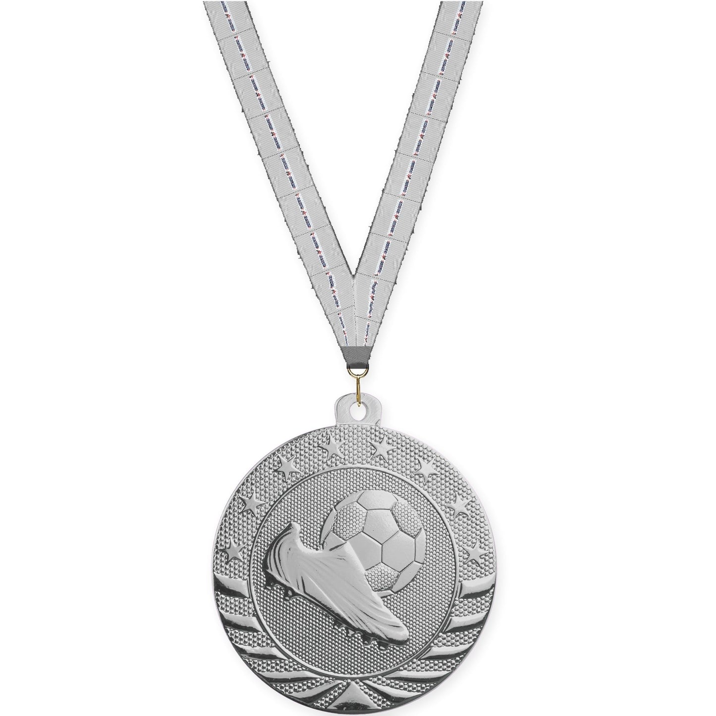 2 inch soccer Starbrite medal in bright silver with Auto Racing neck ribbon
