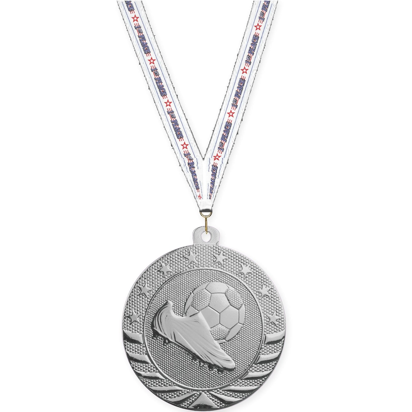 2 inch soccer Starbrite medal in bright silver with 1st Place neck ribbon