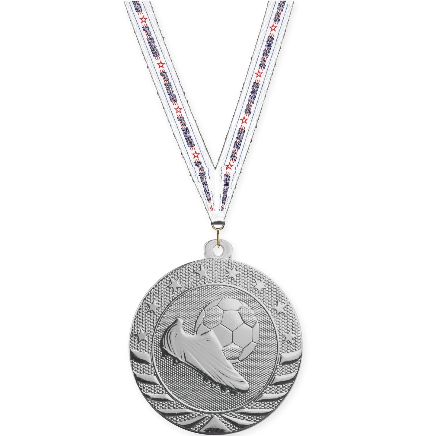 2 inch soccer Starbrite medal in bright silver with 2nd Place neck ribbon