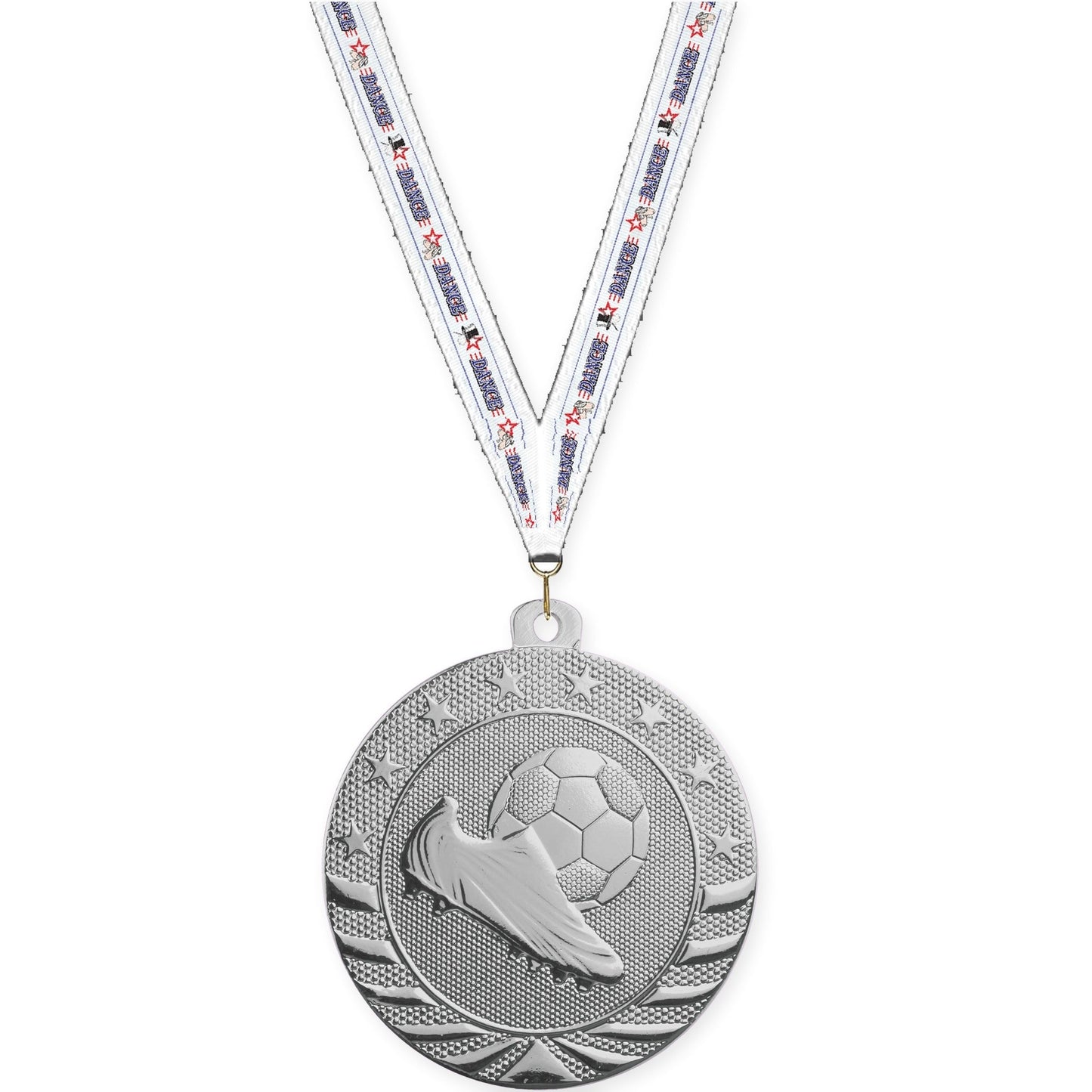 2 3/4 inch soccer Starbrite medal in bright silver with Dance neck ribbon