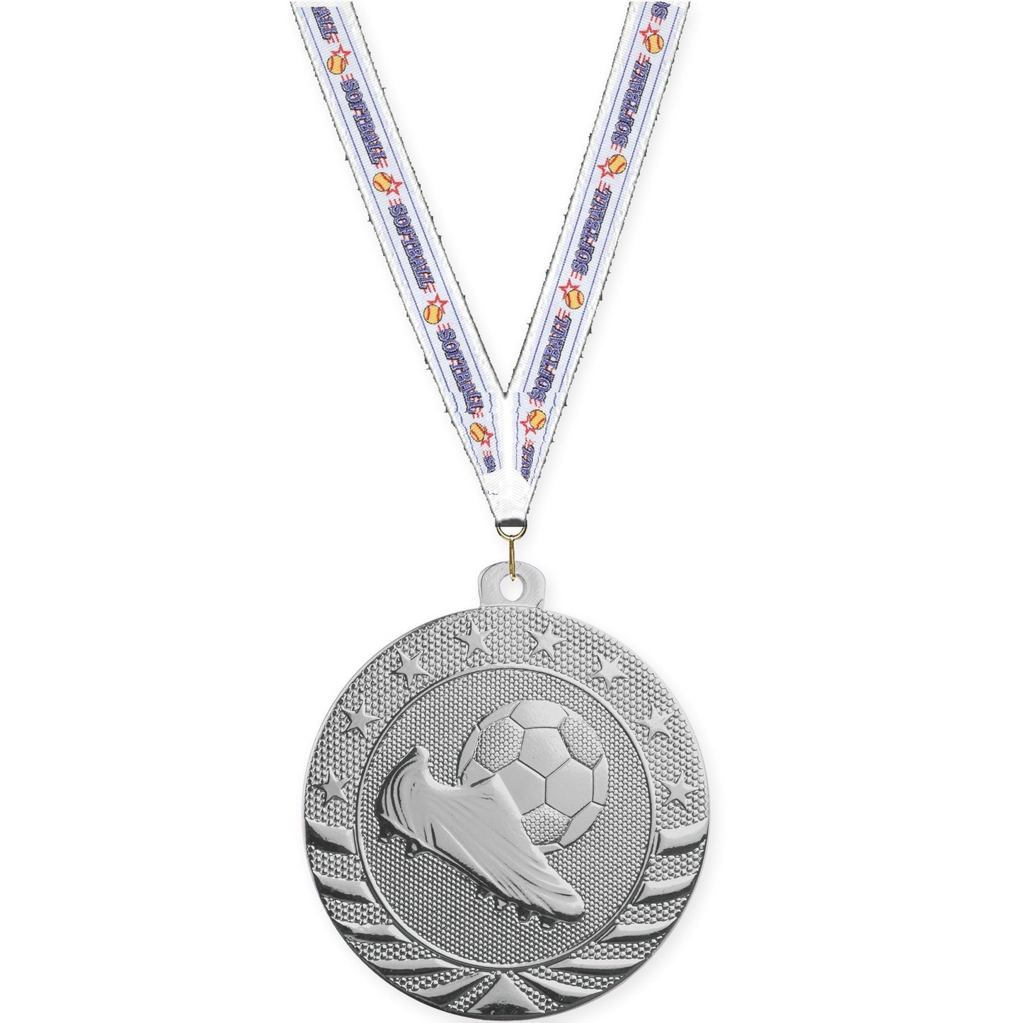 2 inch soccer Starbrite medal in bright silver with Softball neck ribbon