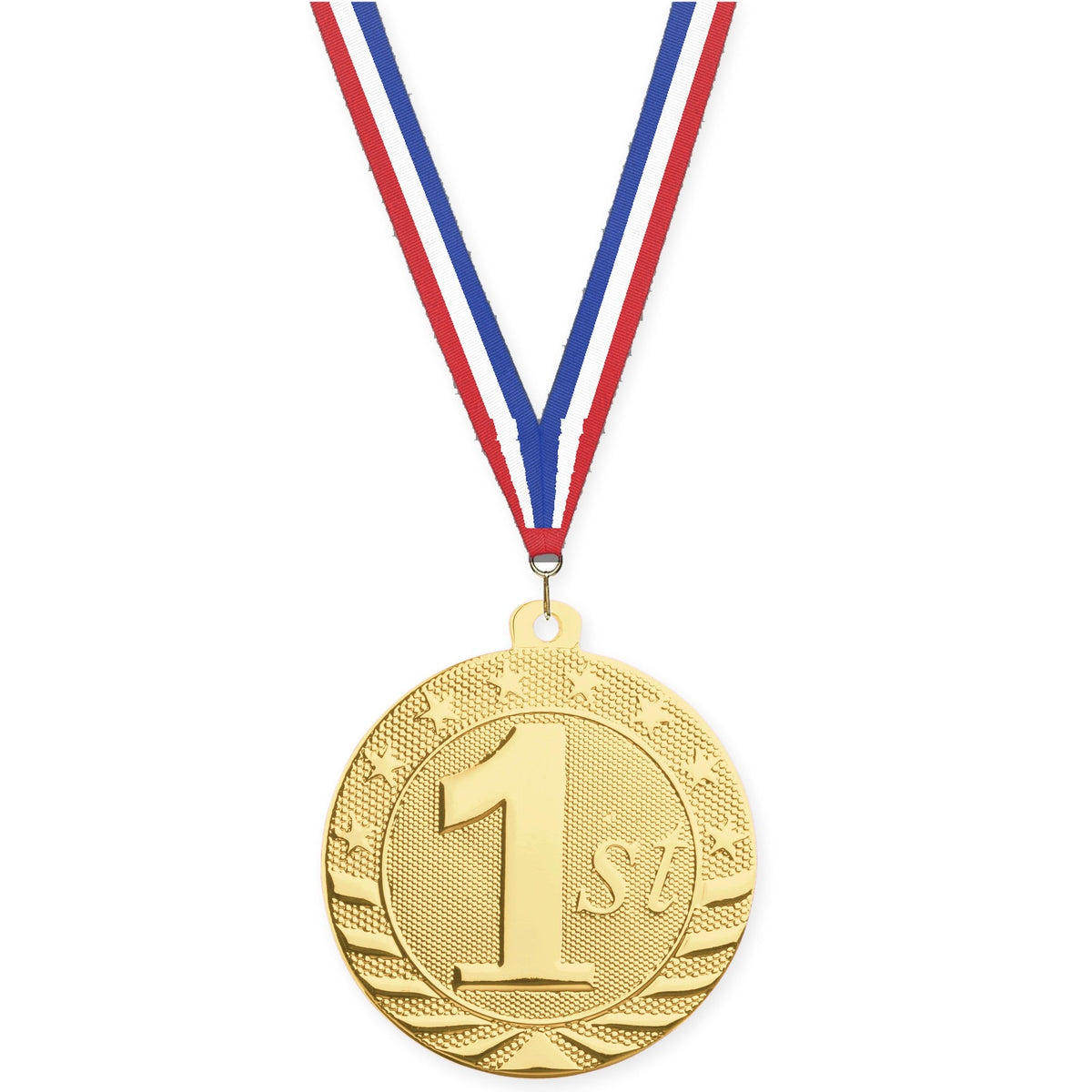 2 inch Place Starbrite medal in gold - 1st place with Red White Blue neck ribbon