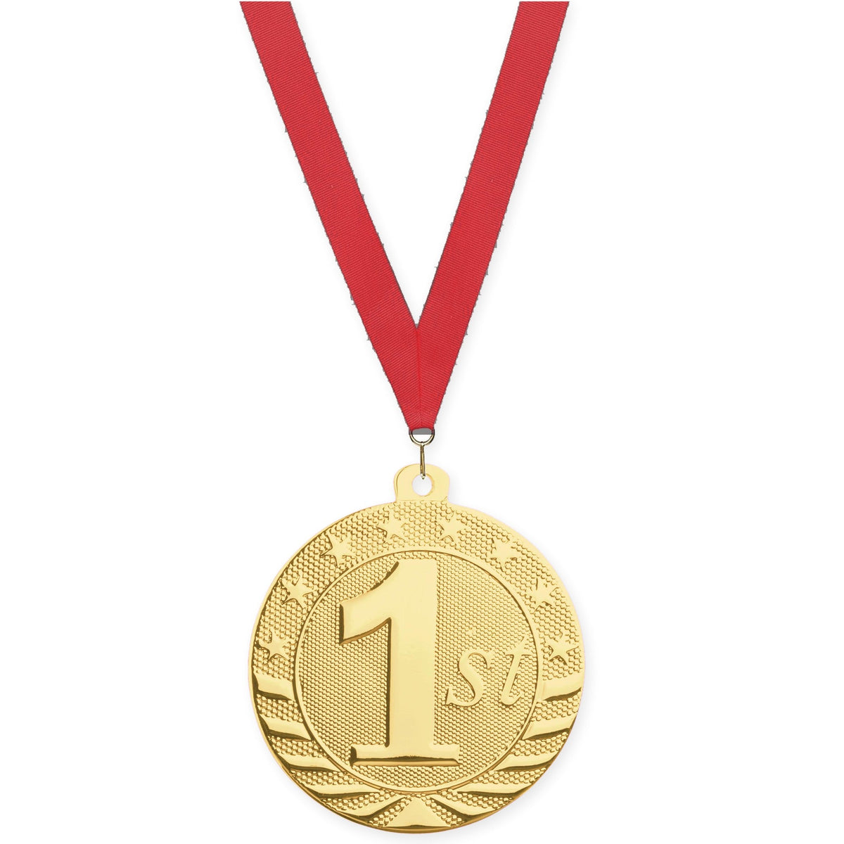 2 inch Place Starbrite medal in gold - 1st place with Red neck ribbon