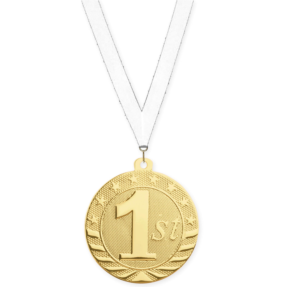 2 inch Place Starbrite medal in gold - 1st place with White neck ribbon