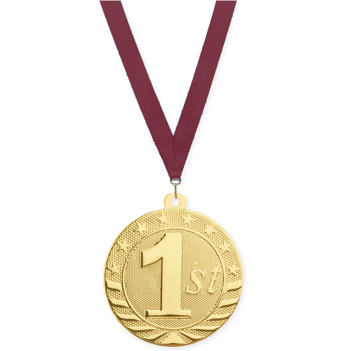 2 inch Place Starbrite medal in gold - 1st place with Maroon neck ribbon