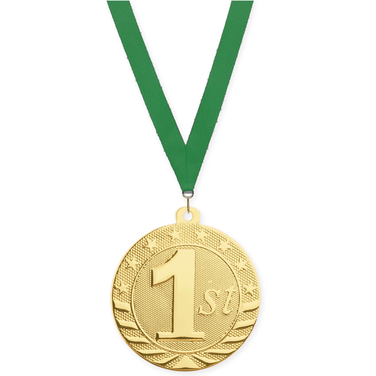 2 inch Place Starbrite medal in gold - 1st place with Green neck ribbon