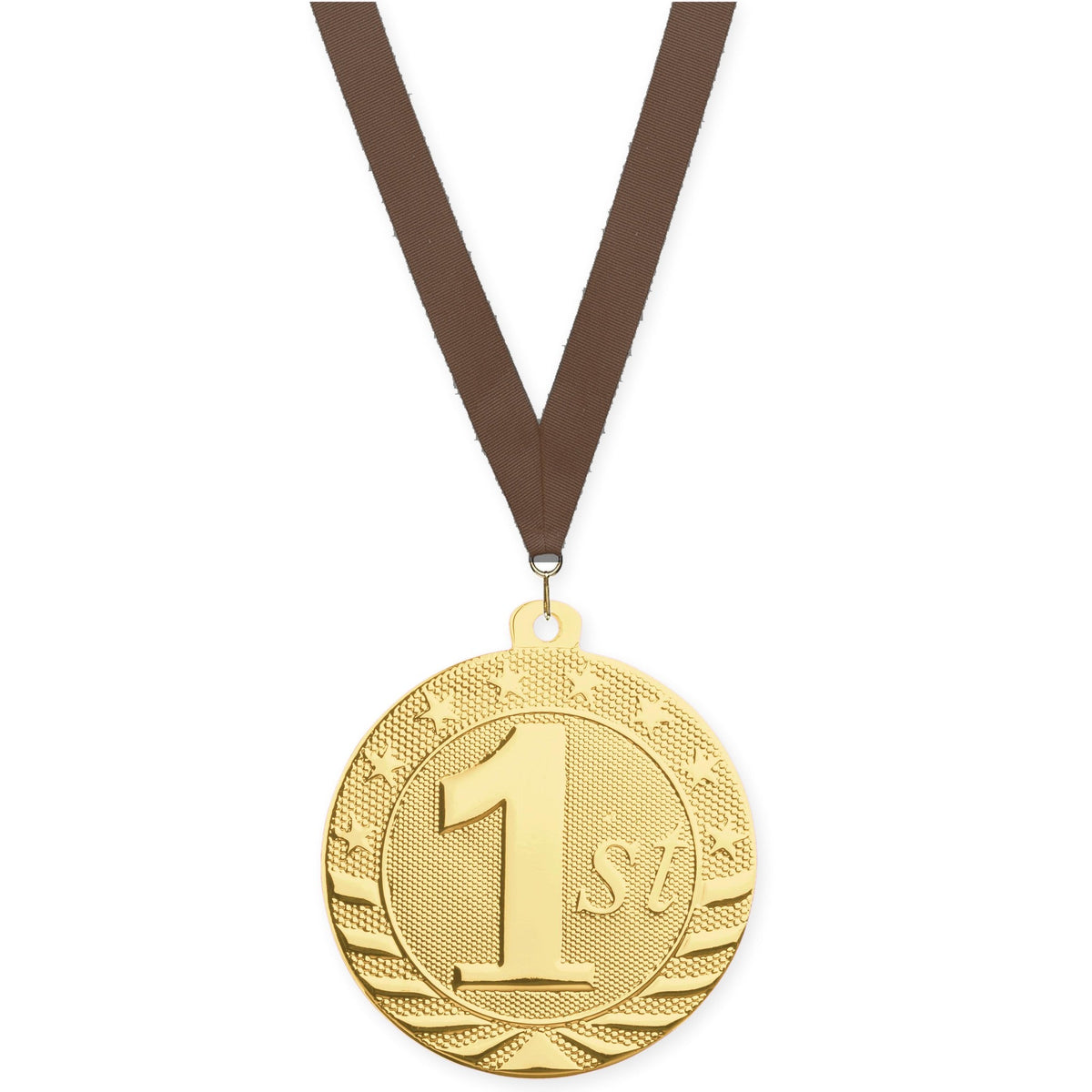 2 inch Place Starbrite medal in gold - 1st place with Brown neck ribbon
