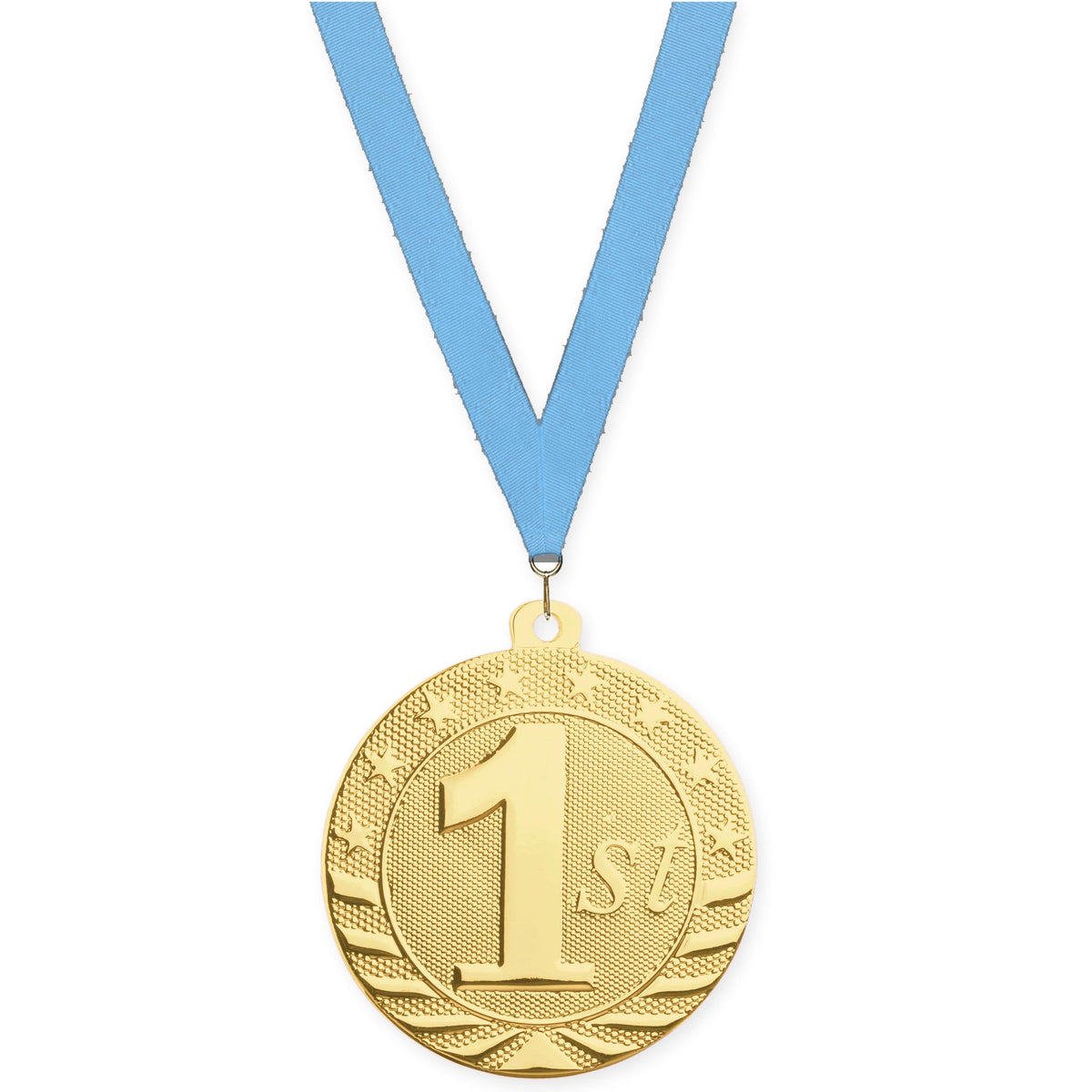 2 inch Place Starbrite medal in gold - 1st place with Light Blue neck ribbon