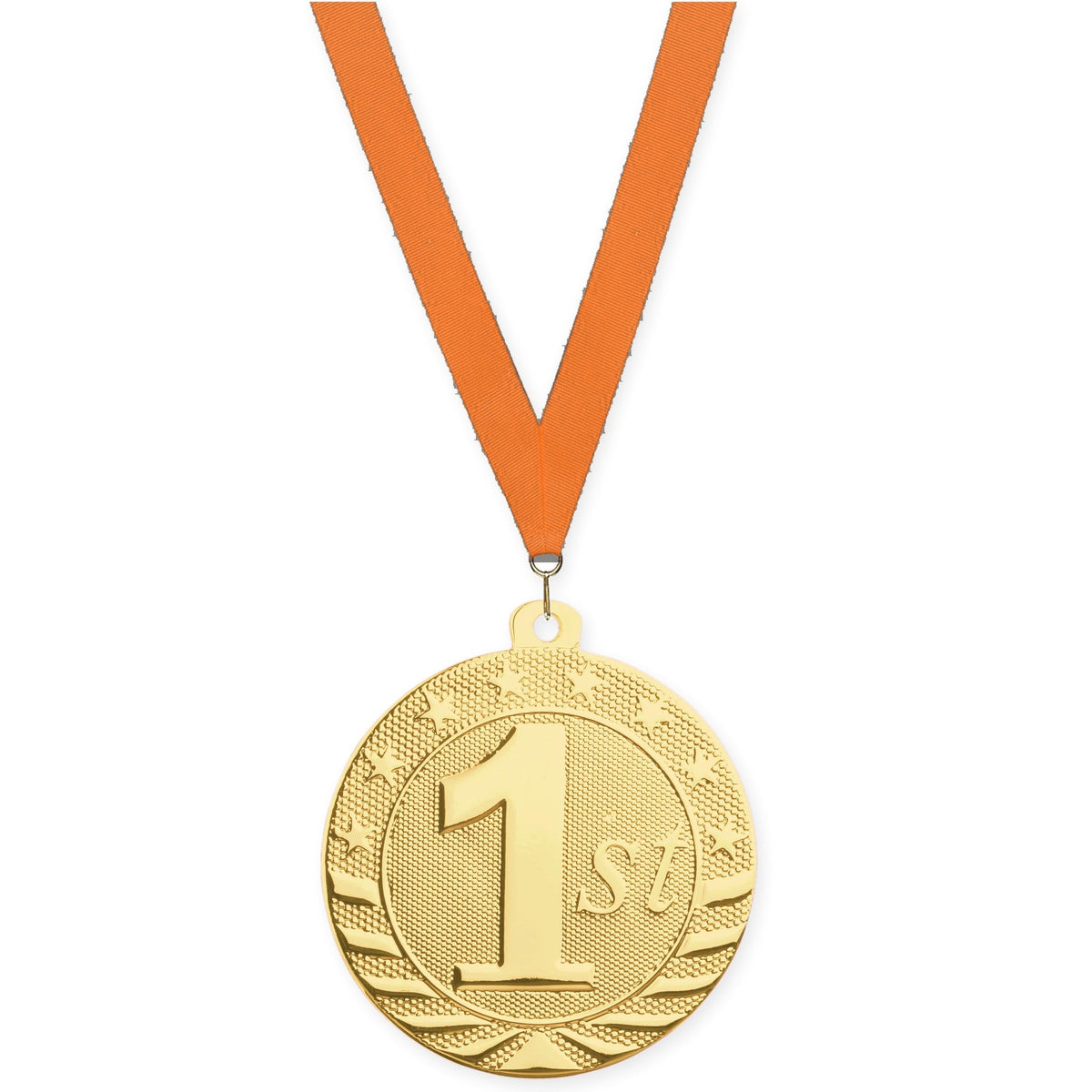 2 inch Place Starbrite medal in gold - 1st place with Orange neck ribbon