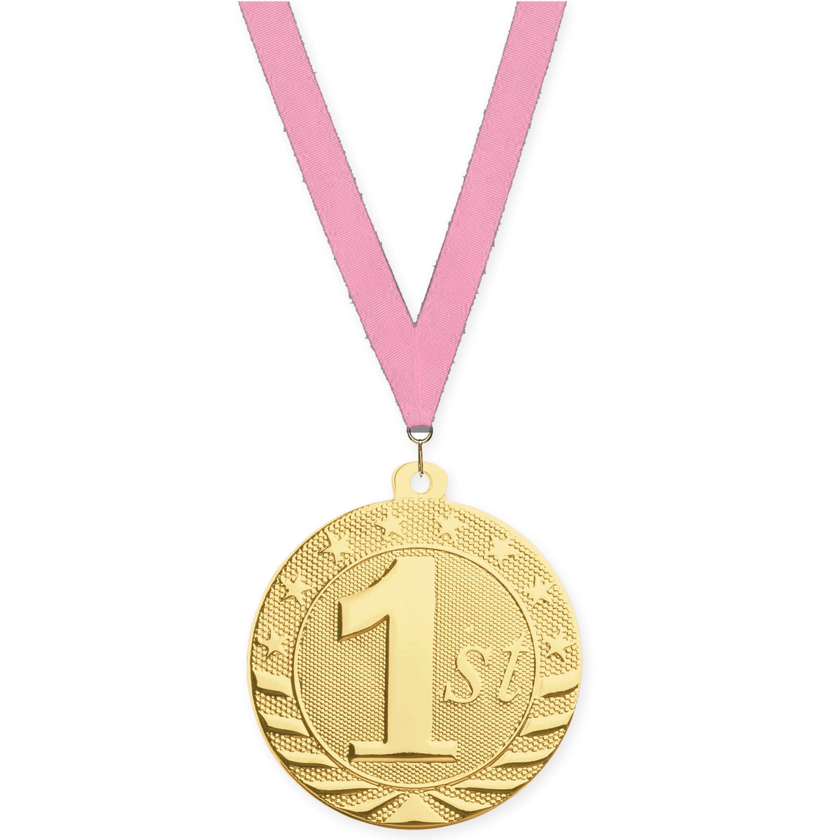 2 inch Place Starbrite medal in gold - 1st place with Pink neck ribbon