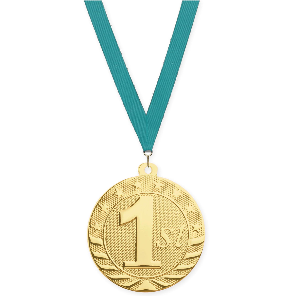 2 inch Place Starbrite medal in gold - 1st place with Teal neck ribbon