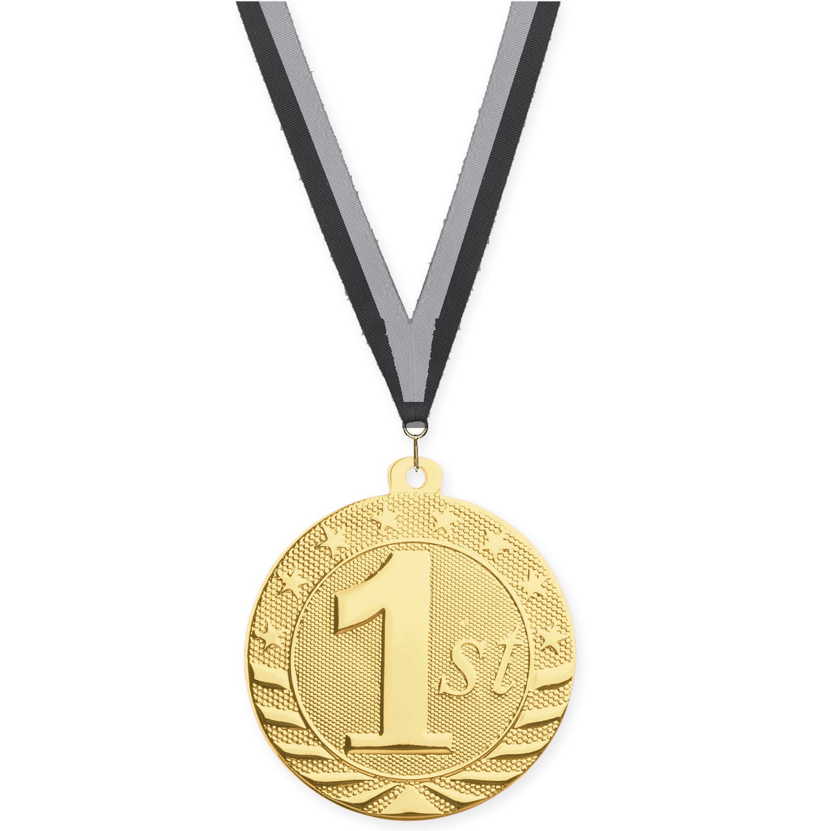 2 inch Place Starbrite medal in gold - 1st place with Black Gray neck ribbon