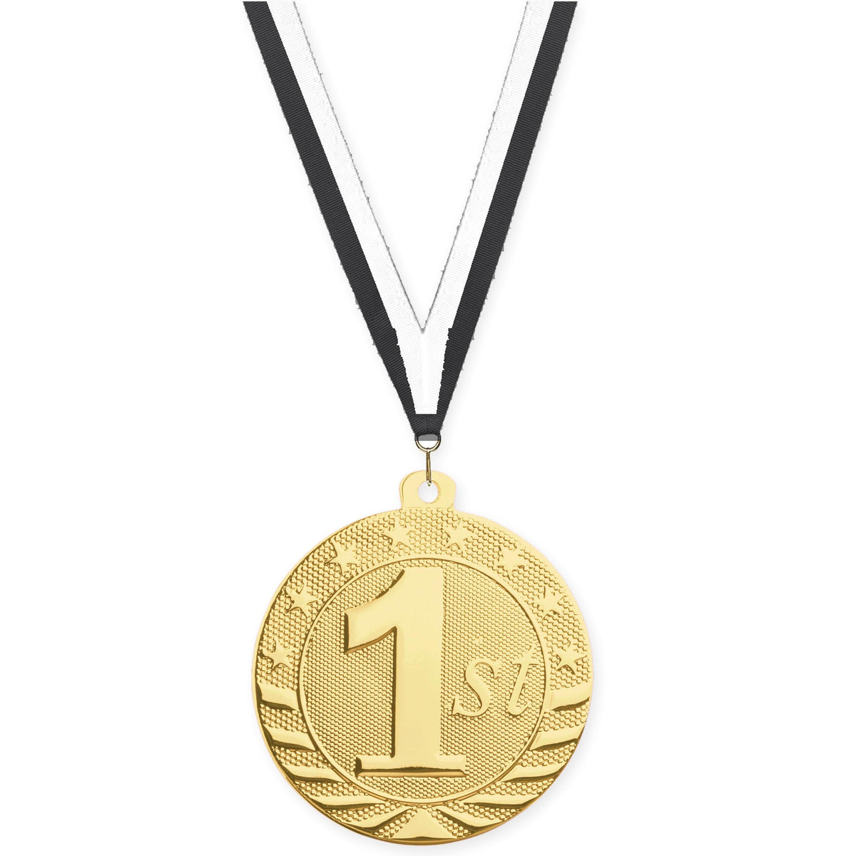2 inch Place Starbrite medal in gold - 1st place with Black White neck ribbon