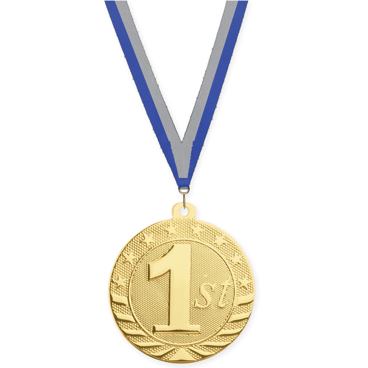 2 inch Place Starbrite medal in gold - 1st place with Blue Gray neck ribbon