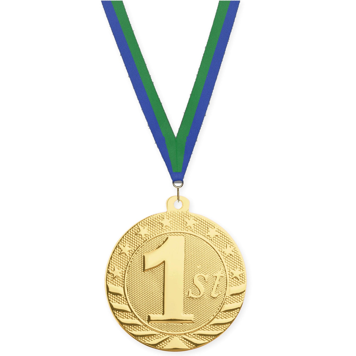 2 inch Place Starbrite medal in gold - 1st place with Blue Green neck ribbon