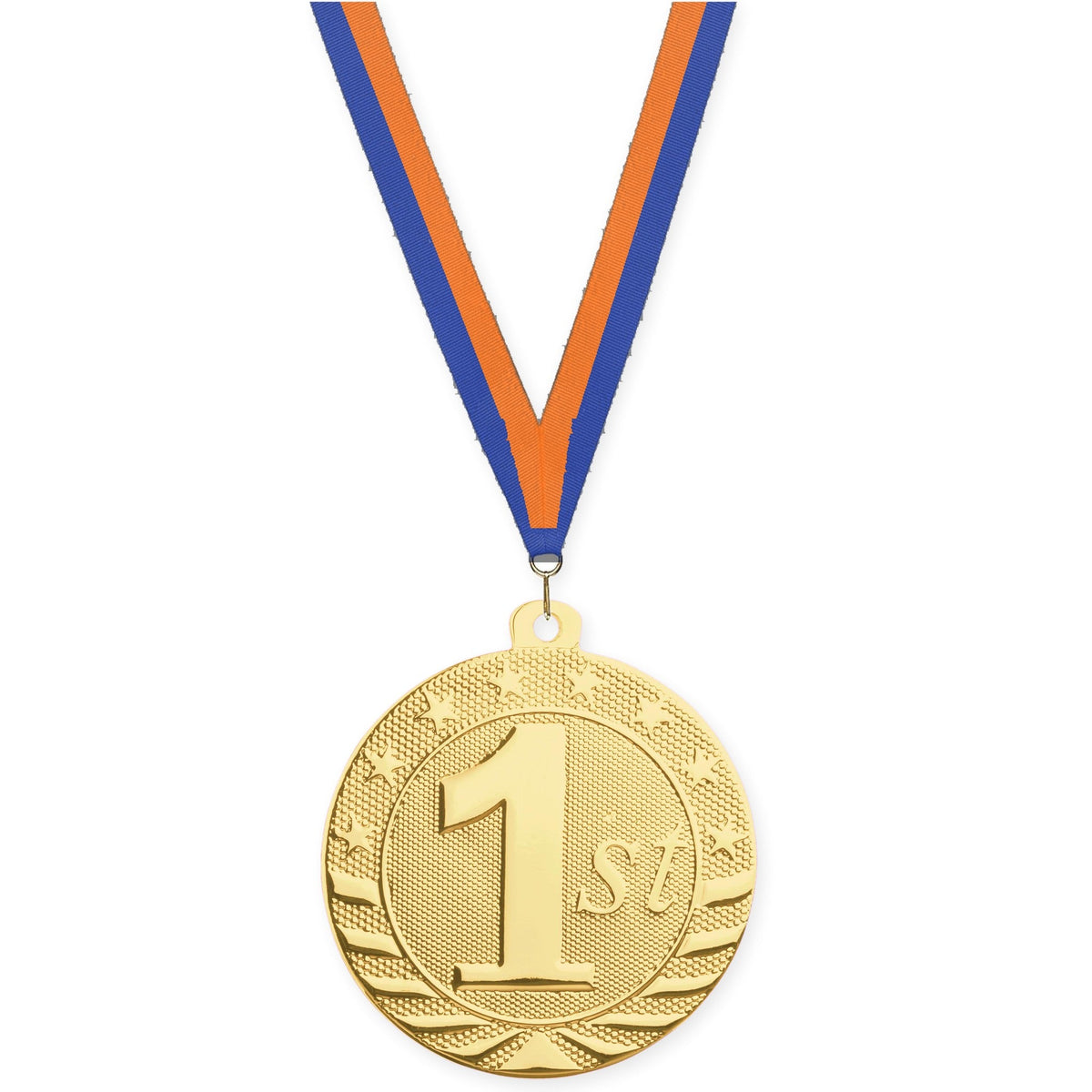 2 inch Place Starbrite medal in gold - 1st place with Blue Orange neck ribbon