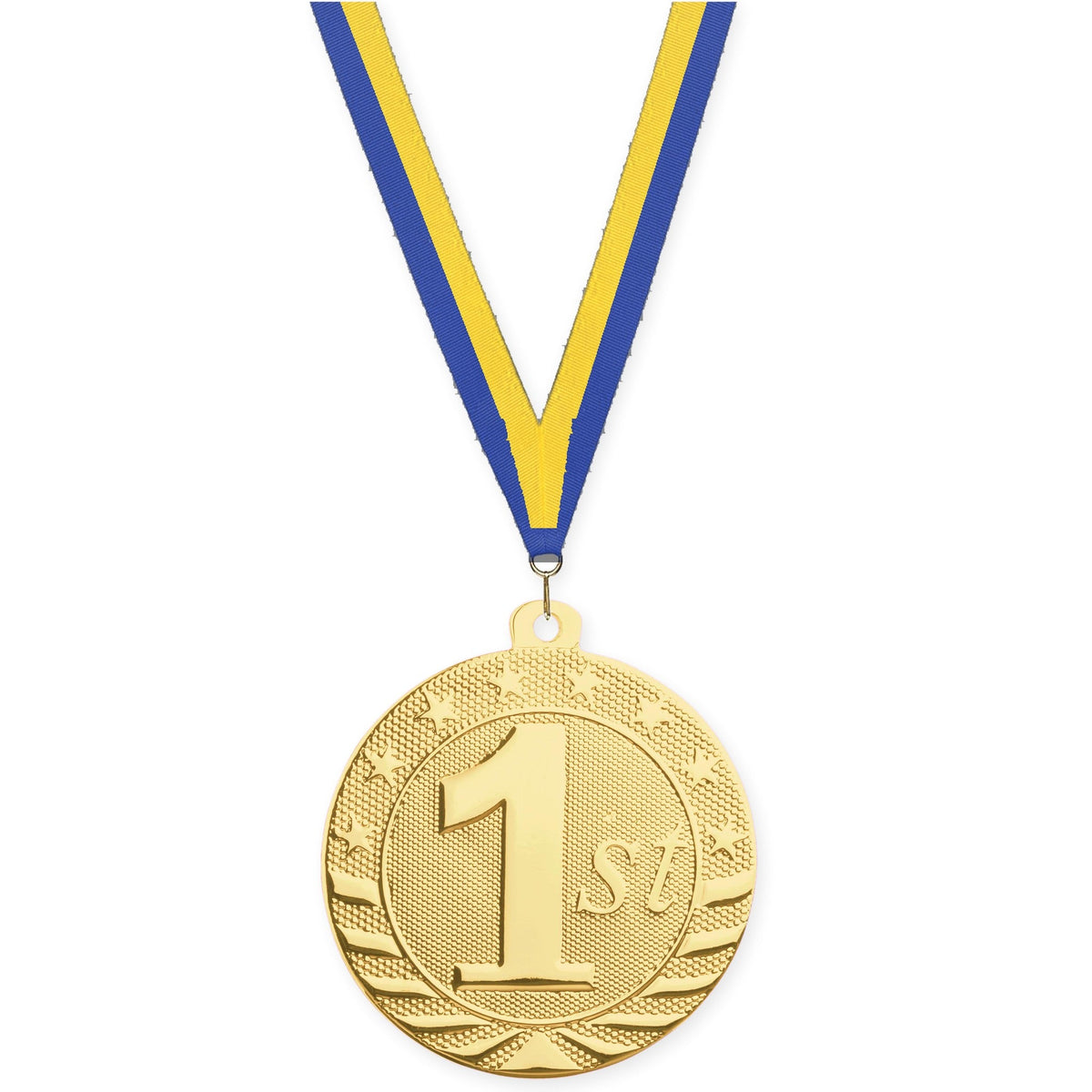 2 inch Place Starbrite medal in gold - 1st place with Blue Yellow neck ribbon