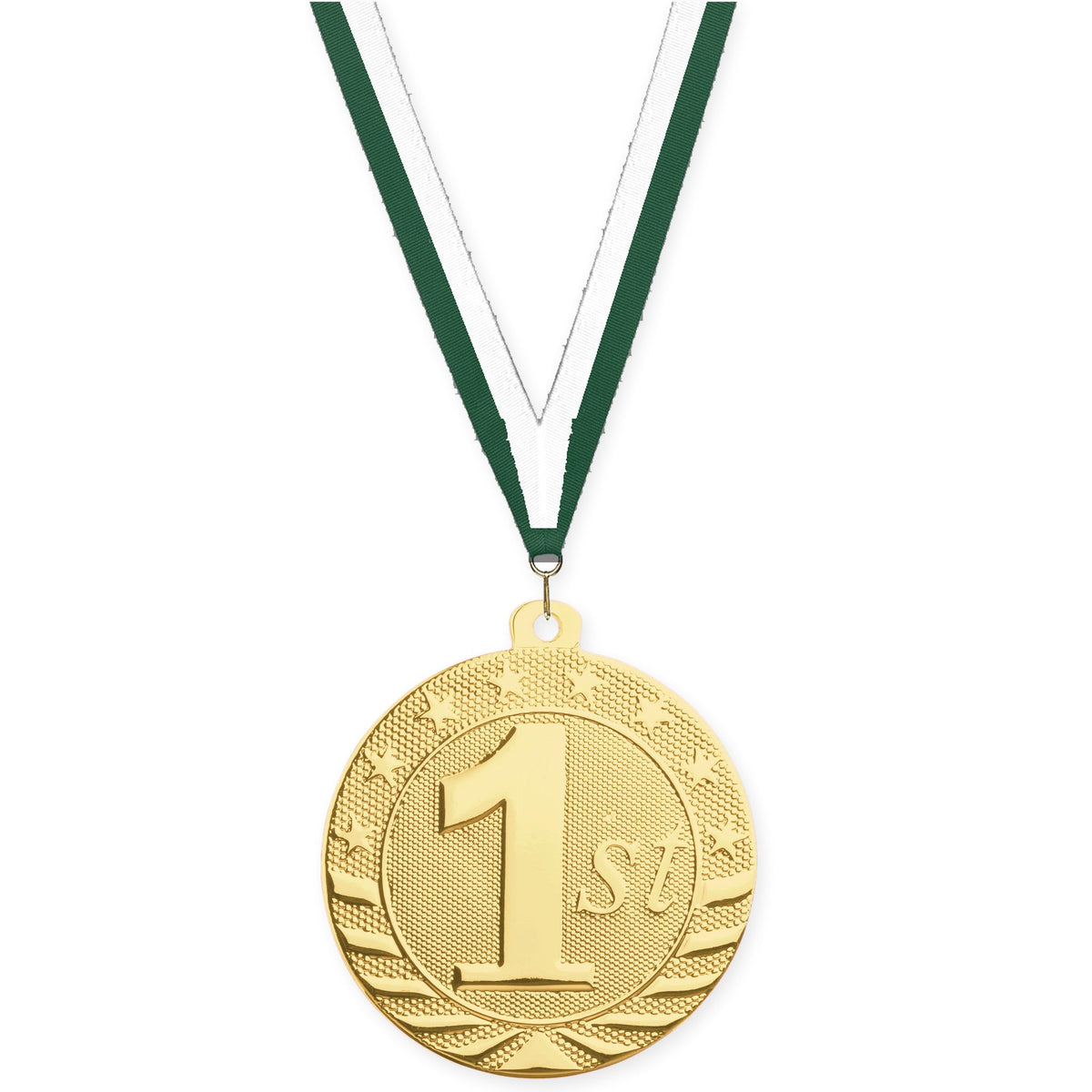2 inch Place Starbrite medal in gold - 1st place with Hunter Green White neck ribbon