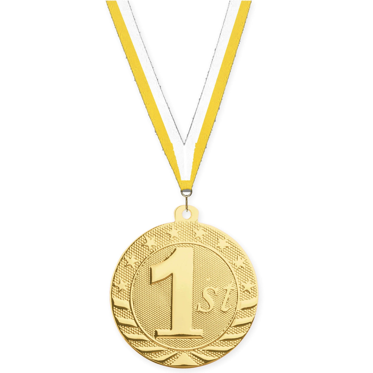 2 inch Place Starbrite medal in gold - 1st place with Yellow White neck ribbon