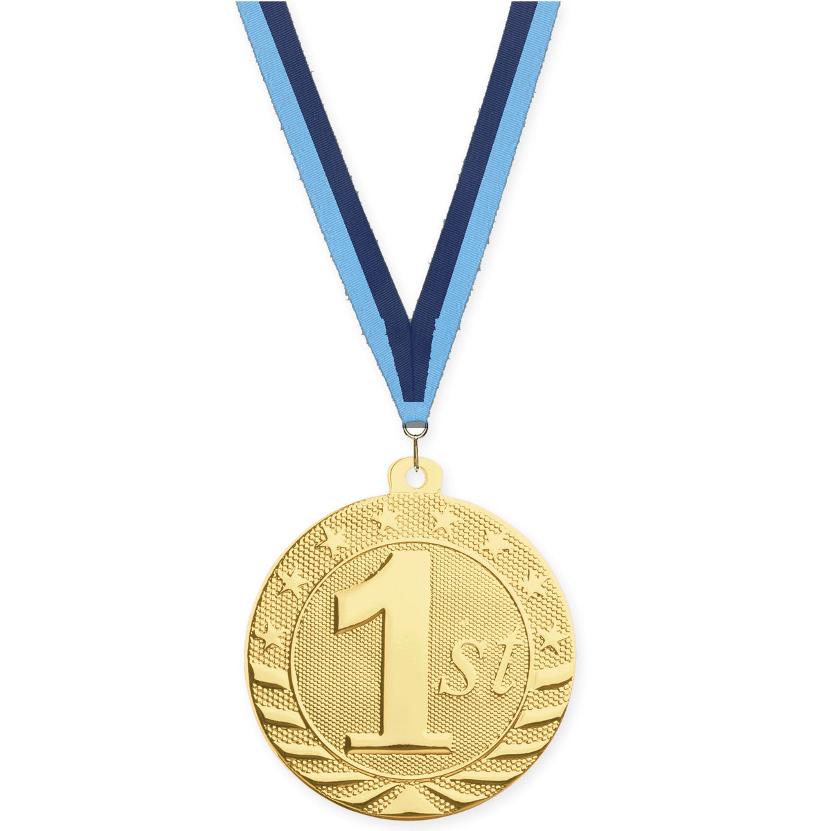 2 inch Place Starbrite medal in gold - 1st place with Light Blue Navy neck ribbon