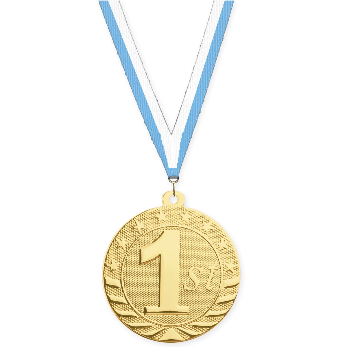 2 inch Place Starbrite medal in gold - 1st place with Light Blue White neck ribbon