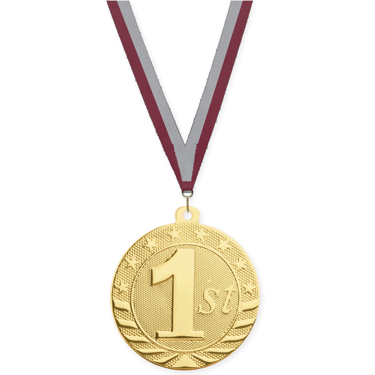 2 inch Place Starbrite medal in gold - 1st place with Maroon Gray neck ribbon